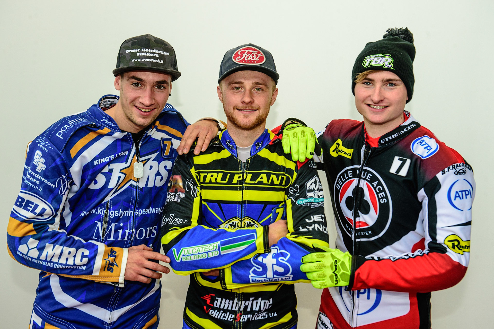 MANCHESTER, UK. APRIL 12TH: Three Ring Stars: (l-r) Jack Thomas, Connor Mountain, Tom Brennan at the Discovery Networks Eurosport Speedway Season Launch at the National Speedway Stadium, Manchester on Tuesday 12th April 2022 (Credit: Ian Charles | MI News)