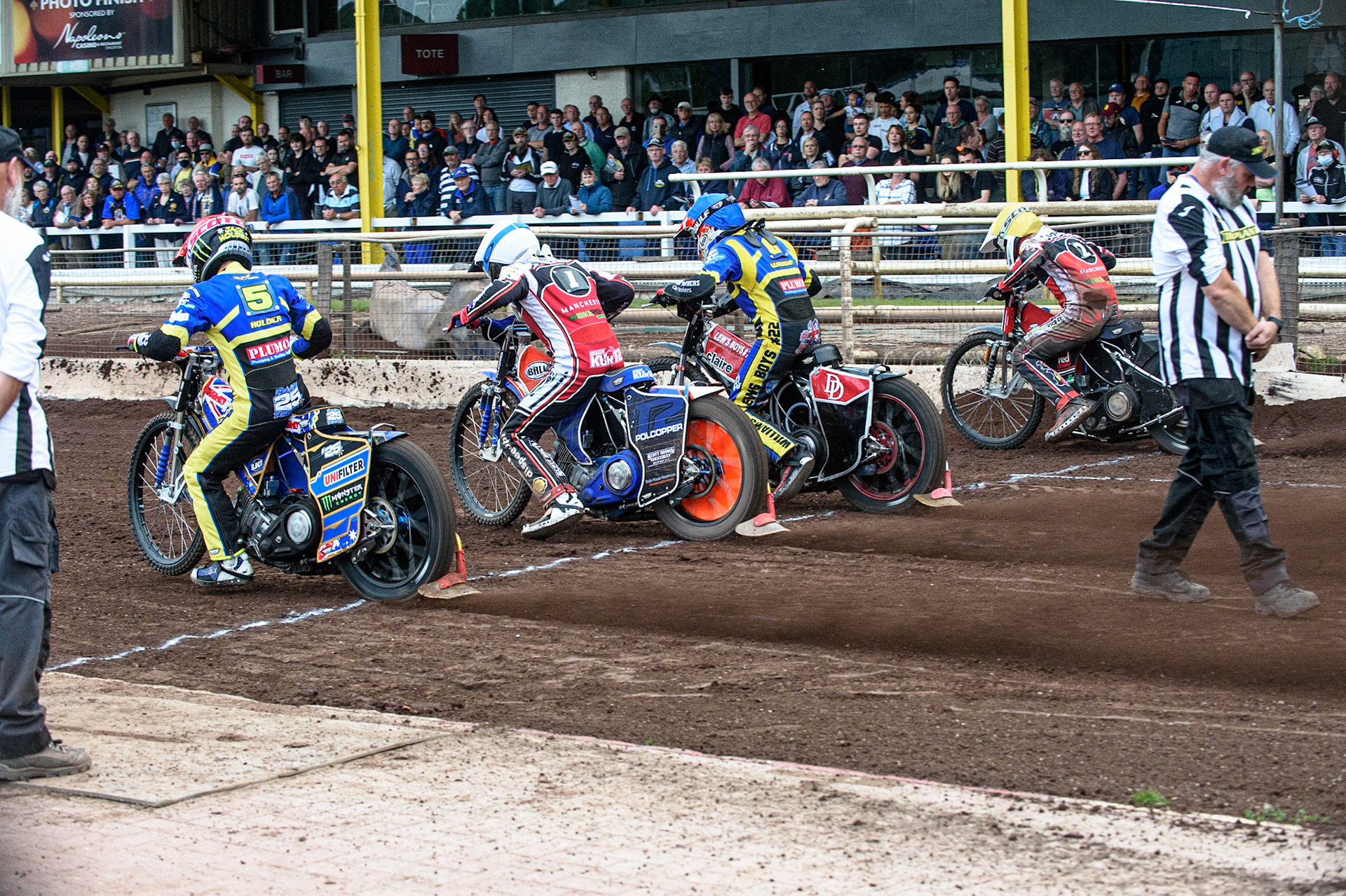 SHEFFIELD, UK. JULY 1ST     Heat 11 Start: (l-r) Jack Holder  (Red), Brady Kurtz  (White), James Wright  (Blue) and Richie Worrall  (Yellow) during the SGB Premiership match between Sheffield Tigers and Belle Vue Aces at Owlerton Stadium, Sheffield on Thursday 1st July 2021. (Credit: Ian Charles | MI News)