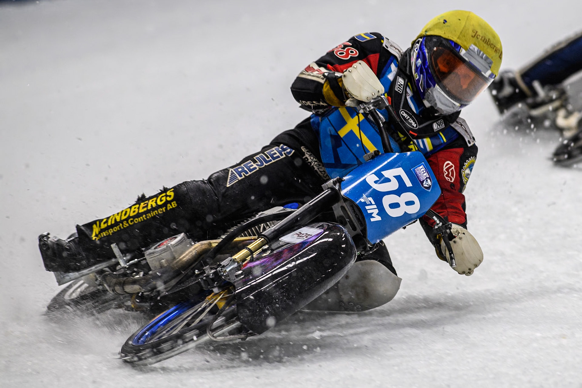 Sweden's Stefan Svensson (58) in action during the FIM Ice Speedway Gladiators World Championship Final 1 at the Max-Aicher-Arena, Inzell on Saturday 23 March 2024. (Photo: Ian Charles | MI News)