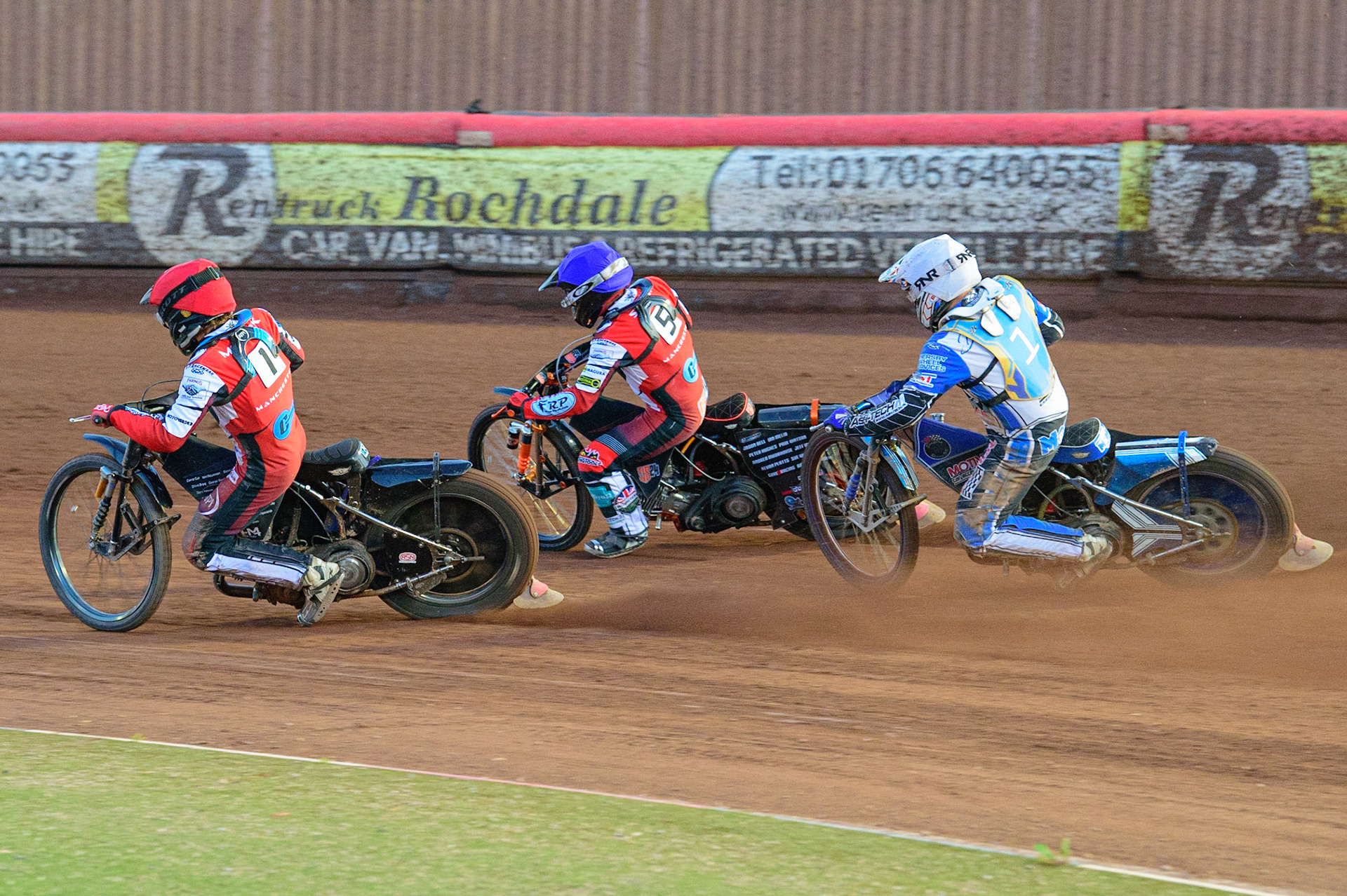 MANCHESTER, UK. MAY 27TH Harry McGurk  (Red) and Jack Smith  (Blue) lead Danny Phillips   (White) during the National Development League match between Belle Vue Colts and Armadale Devils at the National Speedway Stadium, Manchester on Friday 27th May 2022. (Credit: Ian Charles | MI News)
