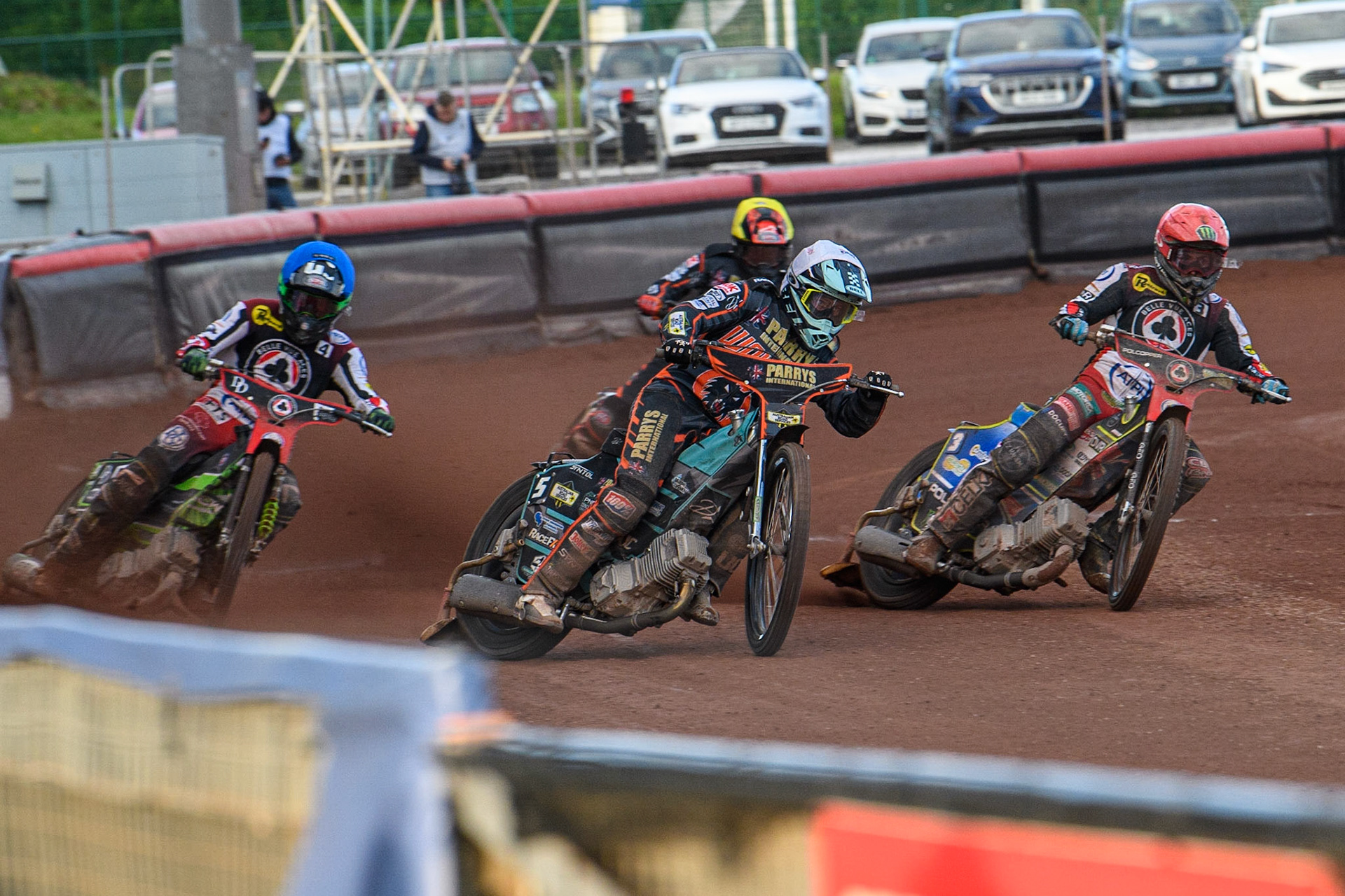 Ryan Douglas (White) leads Jaimon Lidsey (Red), Charles Wright (Blue) and Zach Cook (Yellow) during the Sports Insure Premiership match between Belle Vue Aces and Wolverhampton Wolves at the National Speedway Stadium, Manchester on Monday 3rd July 2023. (Photo: Ian Charles | MI News)