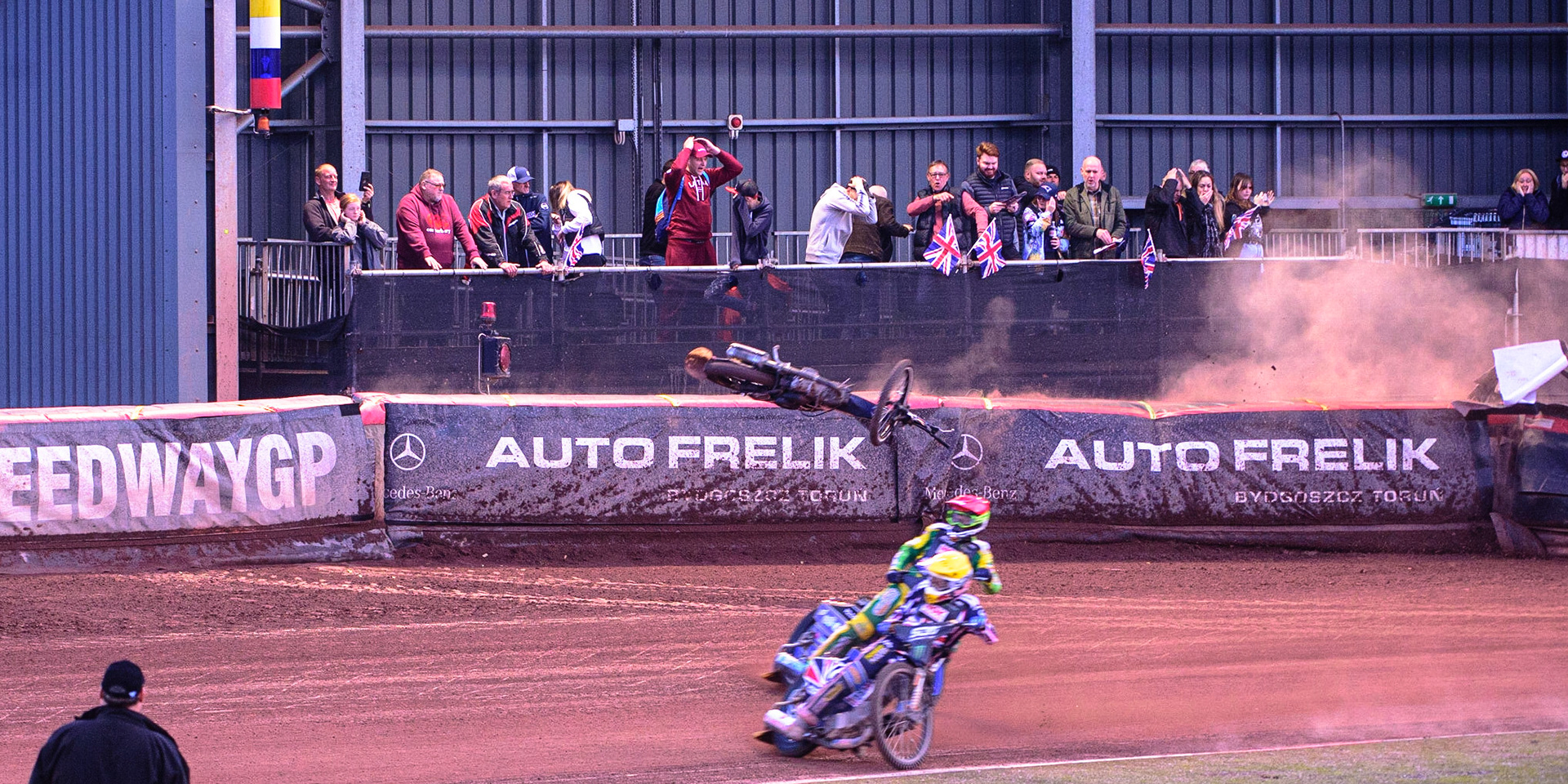 MANCHESTER, UK. OCT 16TH Tai Woffinden of Great Britain falls and hits the airfence during the Monster Energy FIM Speedway of Nations at the National Speedway Stadium, Manchester on Saturday  16th October 2021. (Credit: Ian Charles | MI News)