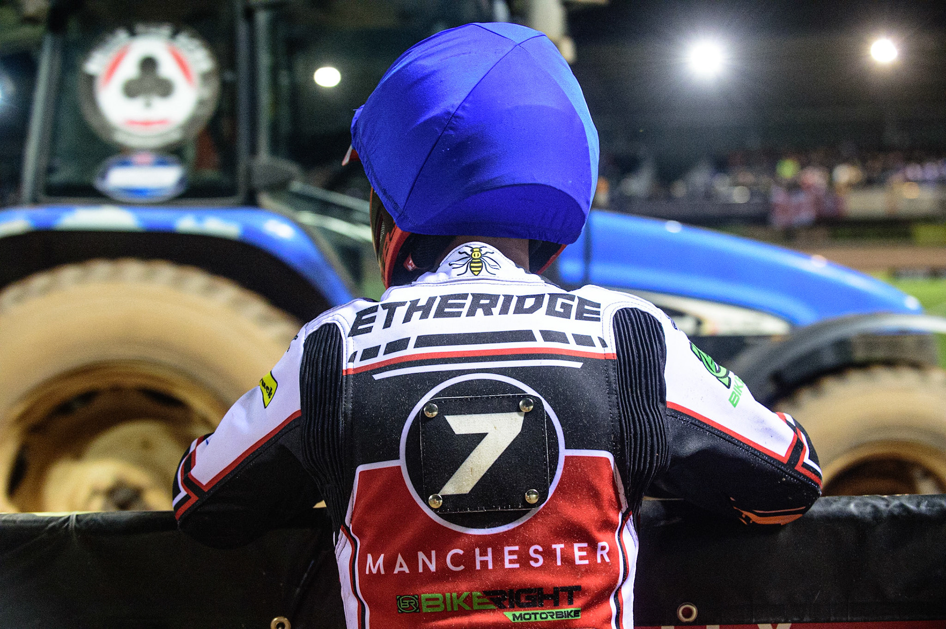 MANCHESTER, UK. OCT 7TH  Jye Etheridge   watches the track prep during the SGB Premiership Play off Semi-Final Second Leg between Belle Vue Aces and Sheffield Tigers at the National Speedway Stadium, Manchester on Thursday 7th October 2021. (Credit: Ian Charles | MI News)