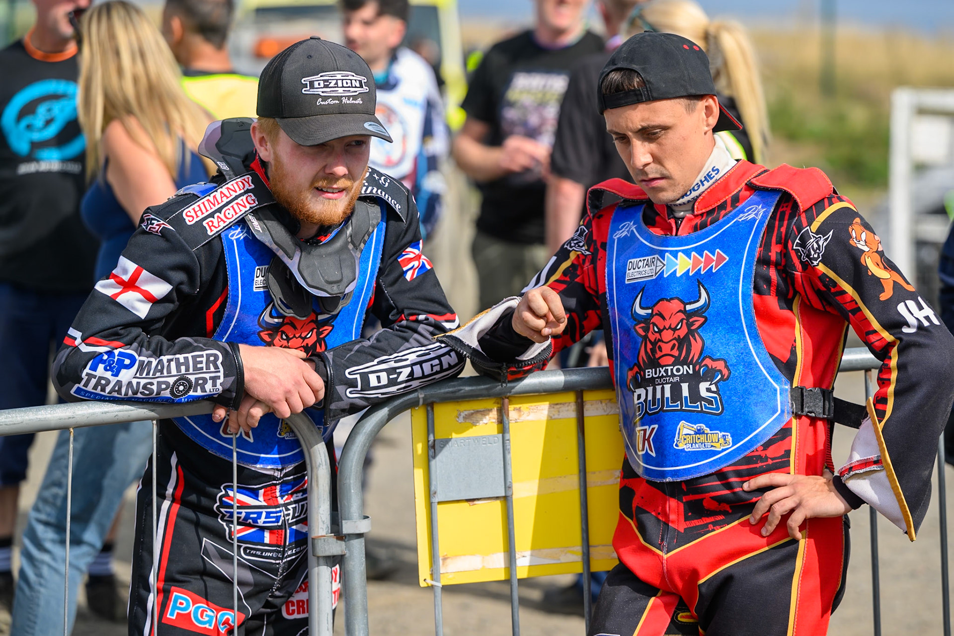 Jack Shimelt of Buxton Bulls (Left)  with Luke Harris of Buxton Bulls during the WSRA National Development League match  between Buxton Bulls and Middlesborough Tigers at Hi-Edge Speedway, Buxton on Sunday 16th August 2026. (Photo: Ian Charles | MI News)
