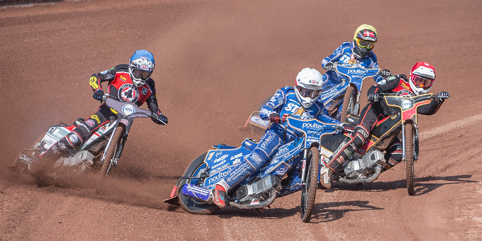 Photo: Ian Charles

Robert Lambert (White) leads Max Fricke  (Red) Steve Worrall  (Blue) and Michael Palm Toft (Yellow)

Belle Vue Aces v Kings Lynn Stars, British Speedway Premiership, Belle Vue National Speedway Stadium, Manchester, Monday 26  August  2019