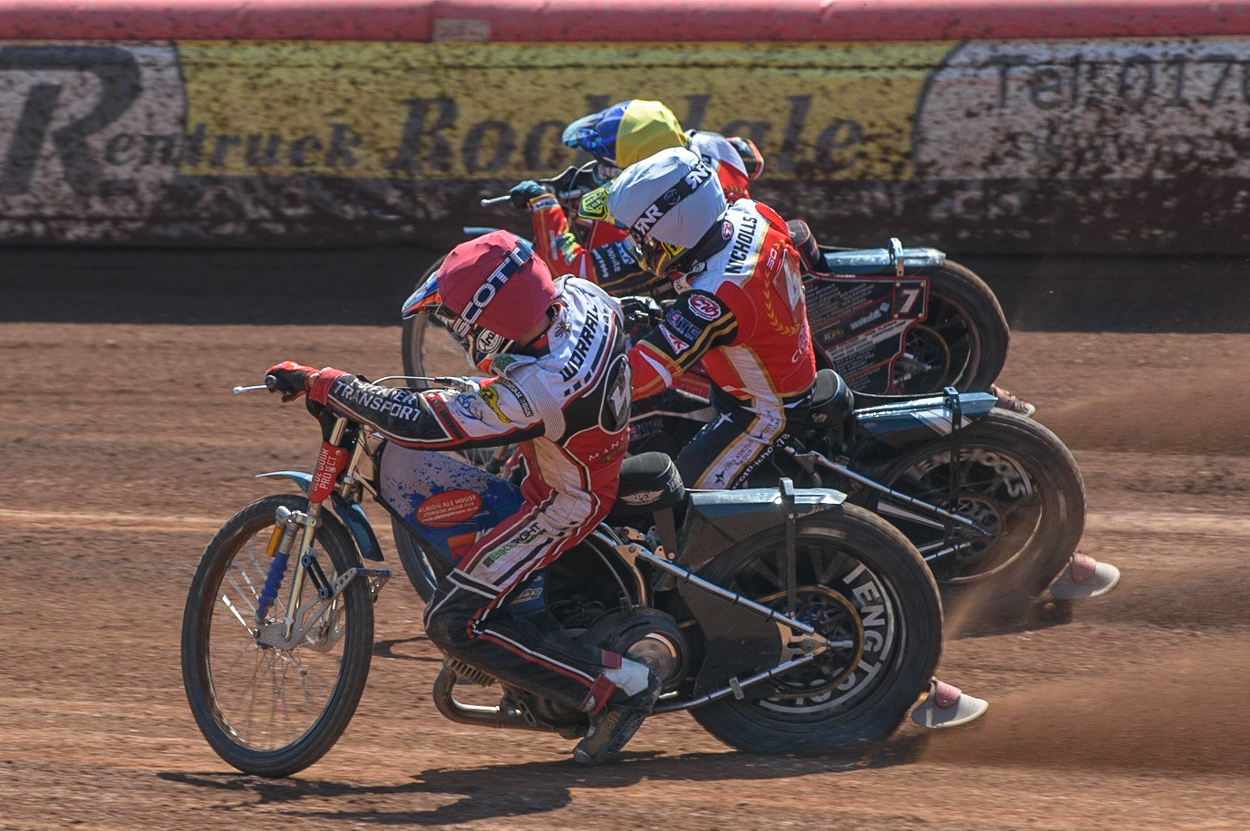 MANCHESTER, UK. MAY 31ST  Steve Worrall  (Red) inside Scott Nicholls  (White) and Ulrich Ostergaard  (Yellow) during the SGB Premiership match between Belle Vue Aces and Peterborough at the National Speedway Stadium, Manchester on Monday 31st May 2021. (Credit: Ian Charles | MI News)