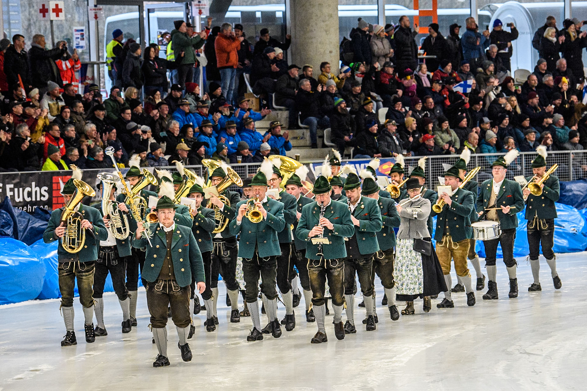 The band leading the parade of riders during the Ice Speedway Gladiators World Championship Final 2 at Max-Aicher-Arena, Inzell on Sunday 16th March 2025. (Photo: Ian Charles | MI News)