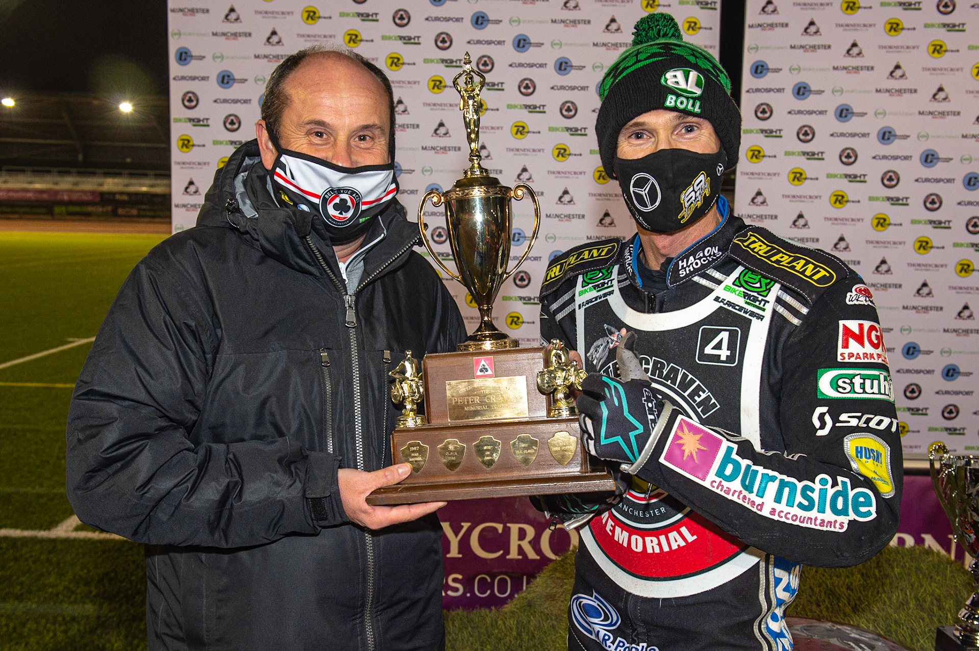 Photo: Ian CharlesRichard Cotton of meeting sponsors Rentruck presents Jason Doyle with the trophy Peter Craven Memorial Trophy, National Speedway Stadium, Manchester Thursday  22  October  2020