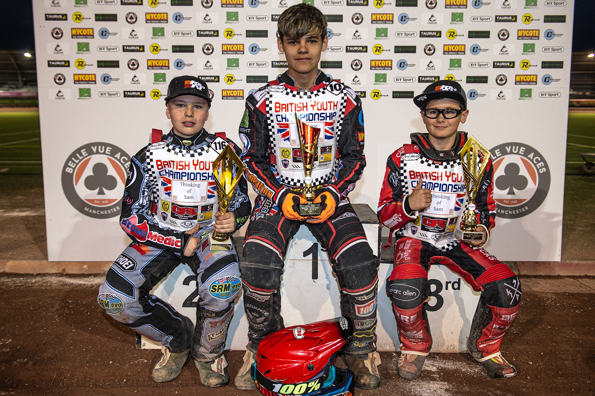 Photo: Ian Charles

The Winner in each class (l-r) Sam McGurk (250), Jordan Palin (500) and Max Perry (125/150)

Summer Speed Saturday & British Youth Speedway Championship Round 5, National Speedway Stadium, Manchester, Saturday 22 June 2019