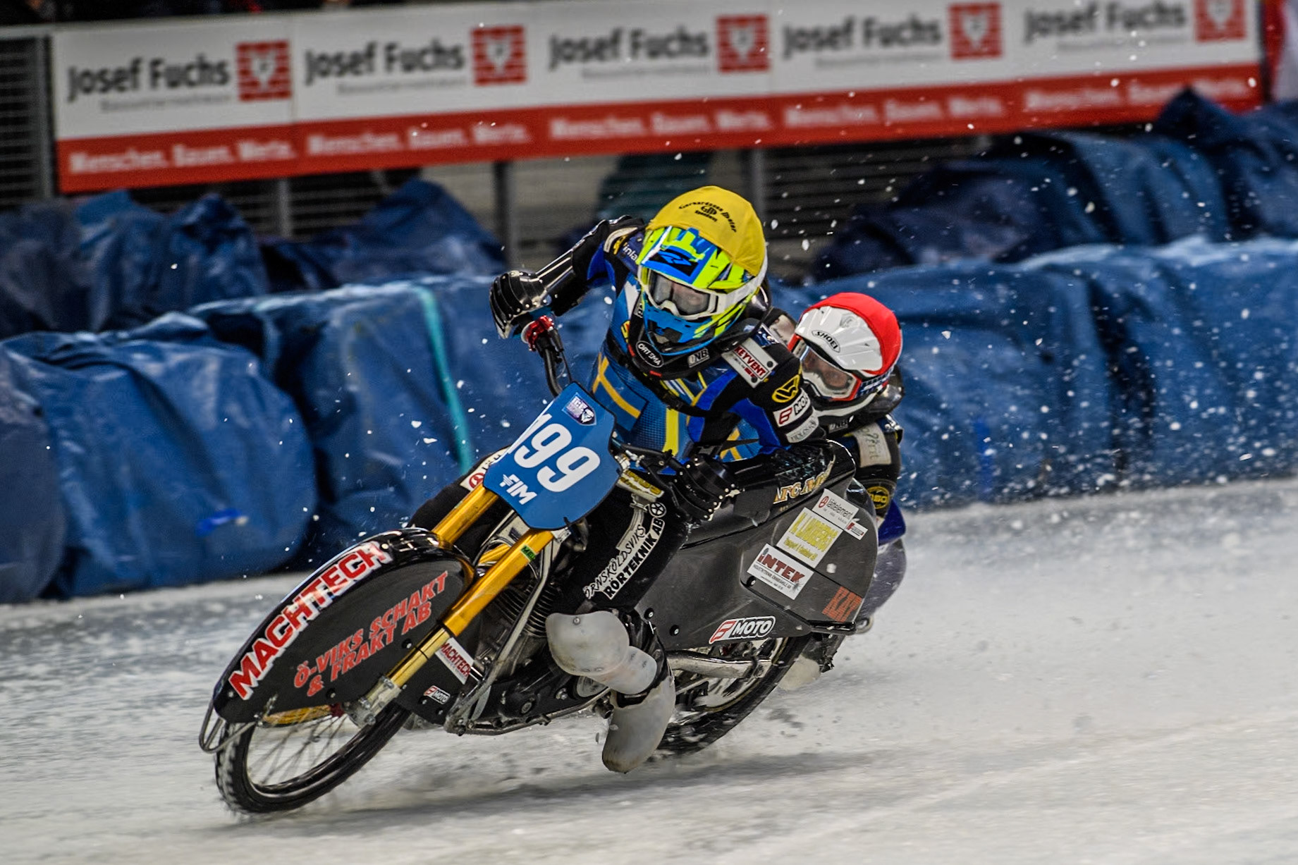 Sweden's Martin Haarahiltunen (199)  gets into difficulty and manages to correct it during the FIM Ice Speedway Gladiators World Championship Final 2 at the Max-Aicher-Arena, Inzell on Sunday 24 March 2024. (Photo: Ian Charles | MI News)