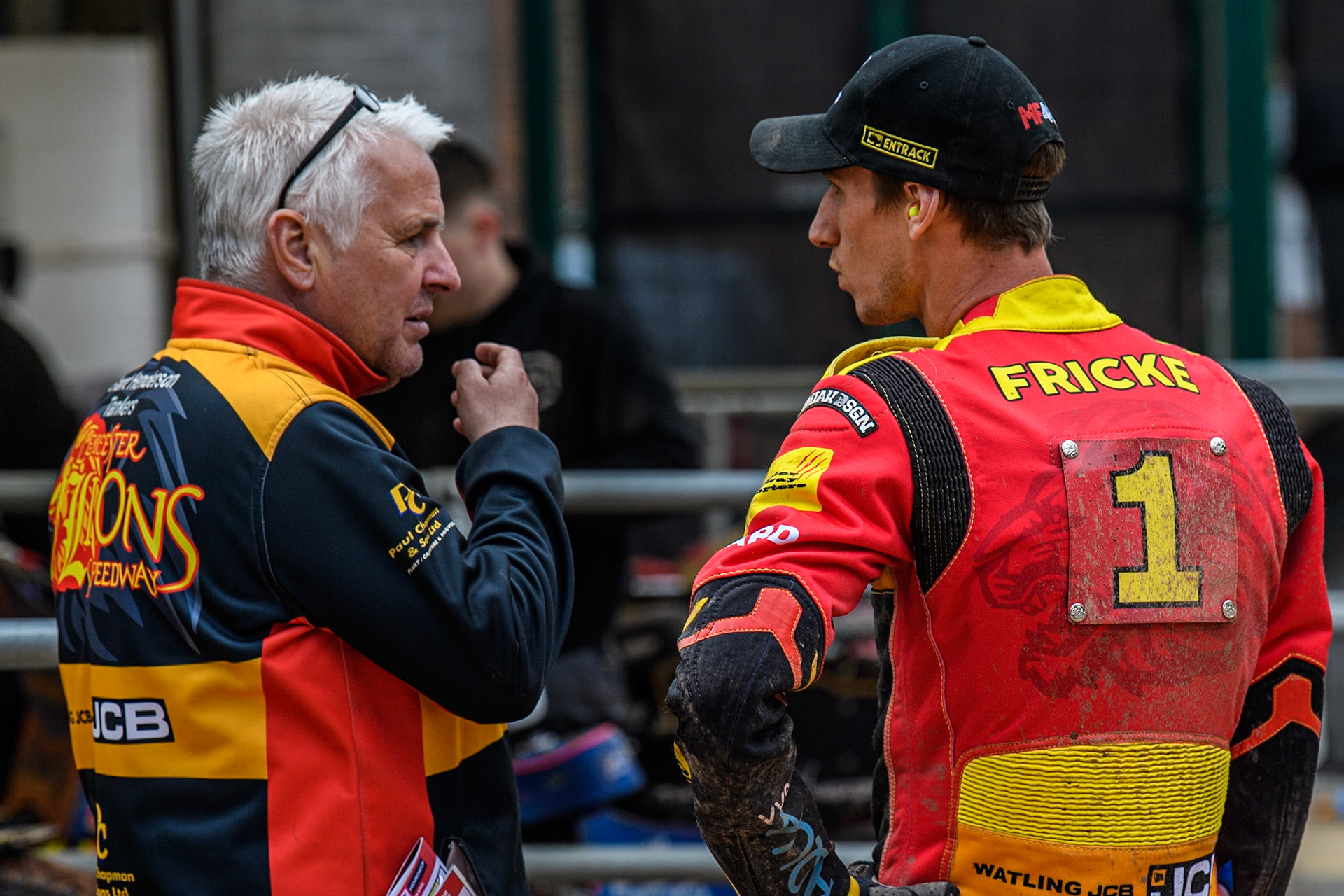 Leicester Watling JCB Lions  Team Manager Stuart Dickson  (left) chats with Max Fricke  during the SGB Premiership match between Belle Vue Aces and Leicester Lions at the National Speedway Stadium, Manchester on Monday 1st May 2023. (Photo: Ian Charles | MI News)