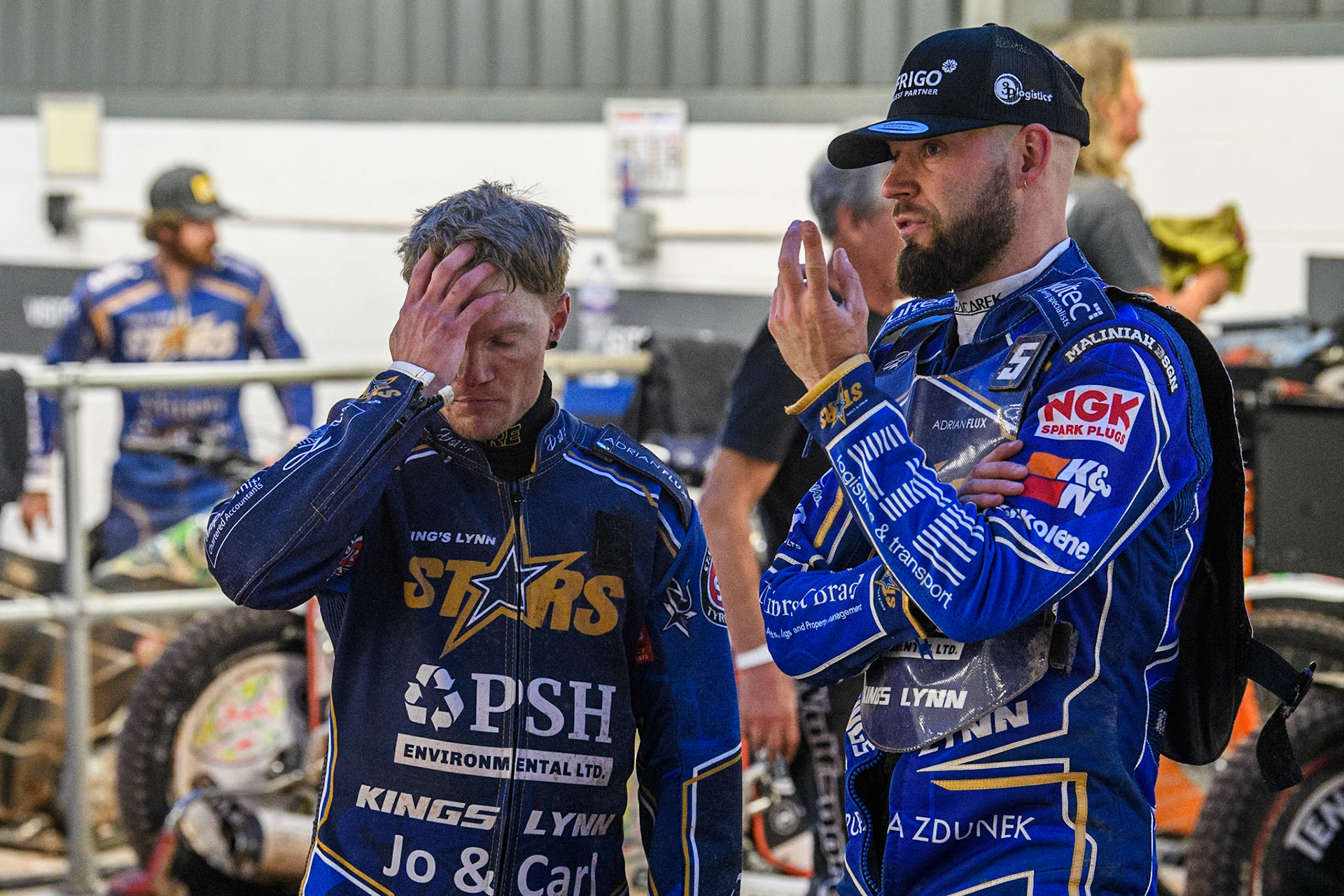 King Lynn Stars' Michael Palm Toft (Left) with team mate King Lynn Stars' Nicolai Klindt during the Rowe Motor Oil Premiership match between Belle Vue Aces and King's Lynn Stars at the National Speedway Stadium, Manchester on Monday 20th May 2024. (Photo: Ian Charles | MI News)
