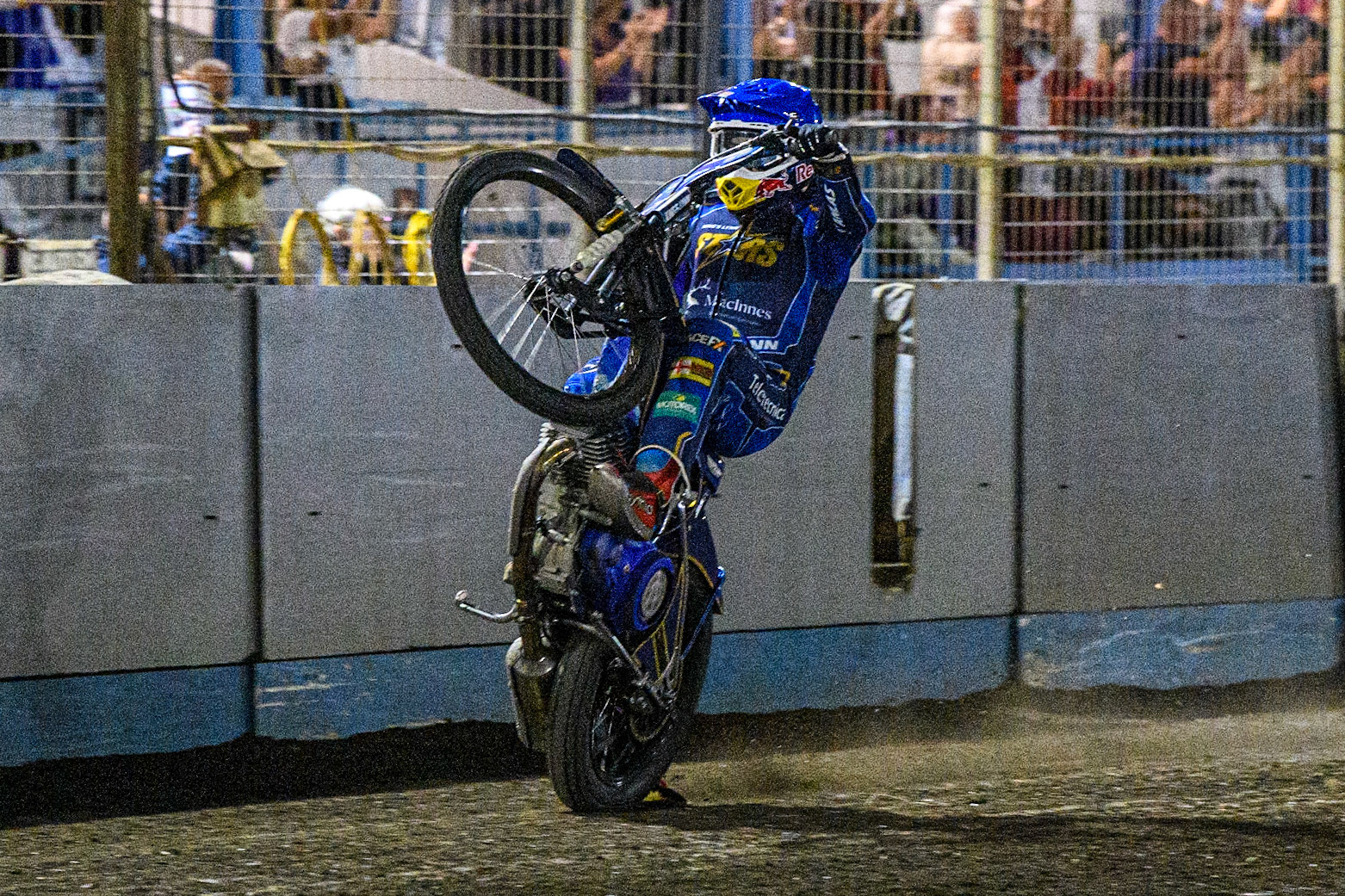 Robert Lambert celebrates with a wheelie during the Sports Insure Premiership match between King's Lynn Stars and Belle Vue Aces at the Adrian Flux Arena, King's Lynn on Thursday 24th August 2023. (Photo: Ian Charles | MI News)