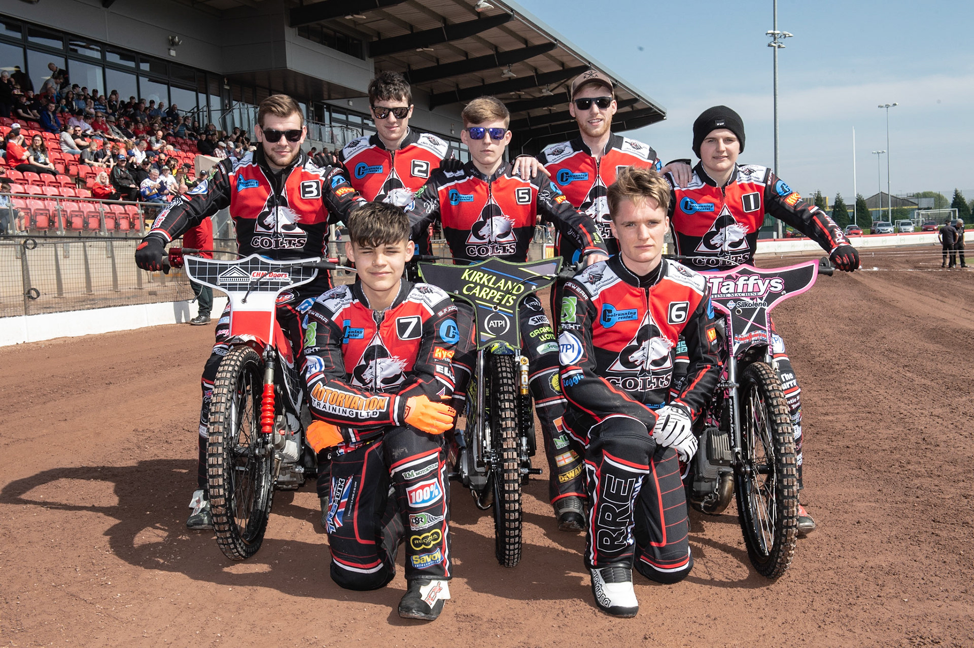 Photo: Ian Charles

Belle Vue Colts:
Rear: (l-r) Danny Phillips, Ben Woodhull, Kyle Bickley, Paul Bowen, Leon Flint.
Kneeling: Jordan Palin, Ben Rathbone

Belle Vue Colts v Stoke Potters, National League, Belle Vue National Speedway Stadium, Manchester, Friday 19  April  2019