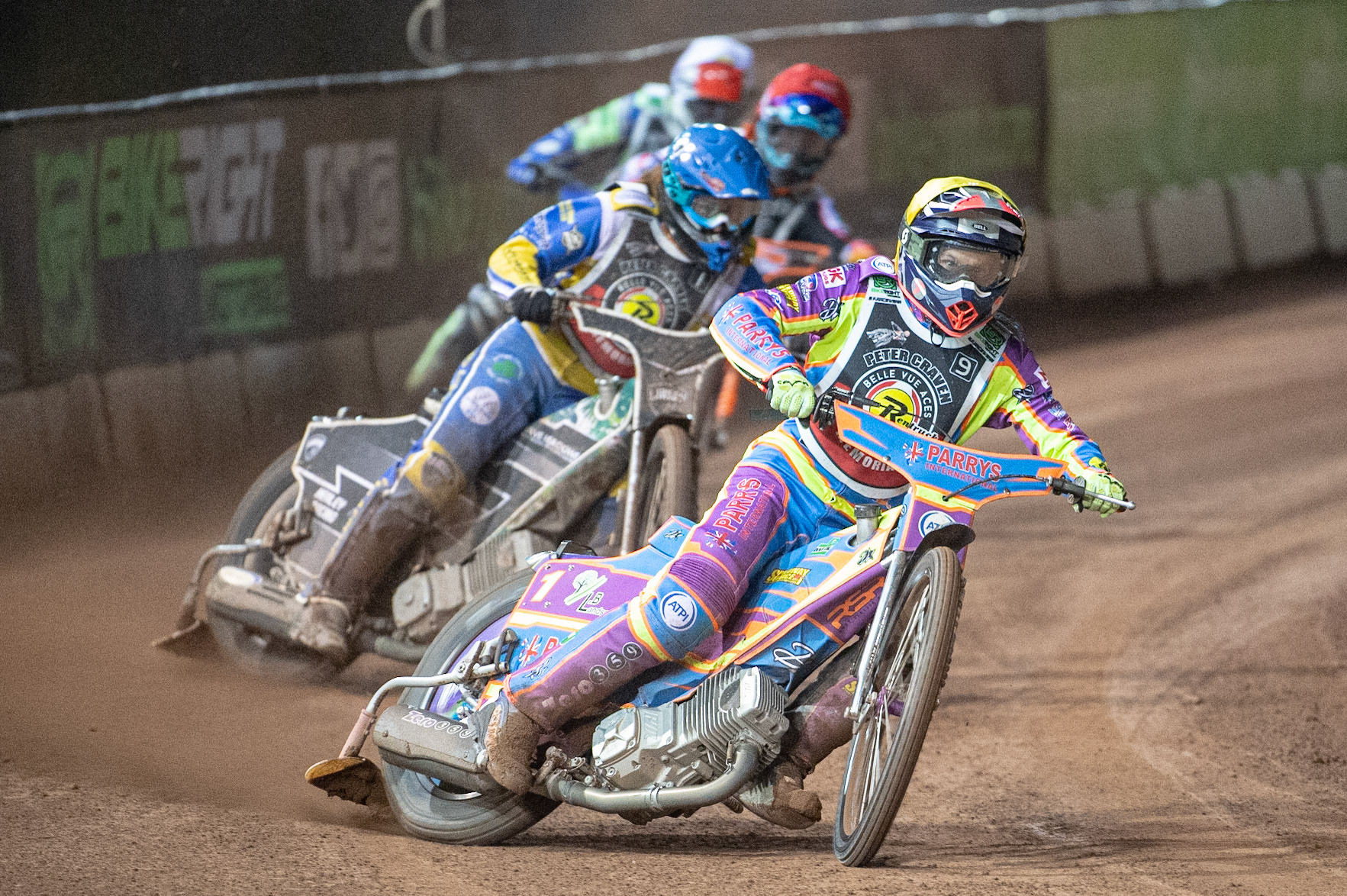 Photo: Ian CharlesRory Schlein (Yellow) leads Richard Lawson (Blue) Jordan Palin (Red) and Richie Worrall (White)Peter Craven Memorial Trophy, National Speedway Stadium, Manchester Thursday  22  October  2020