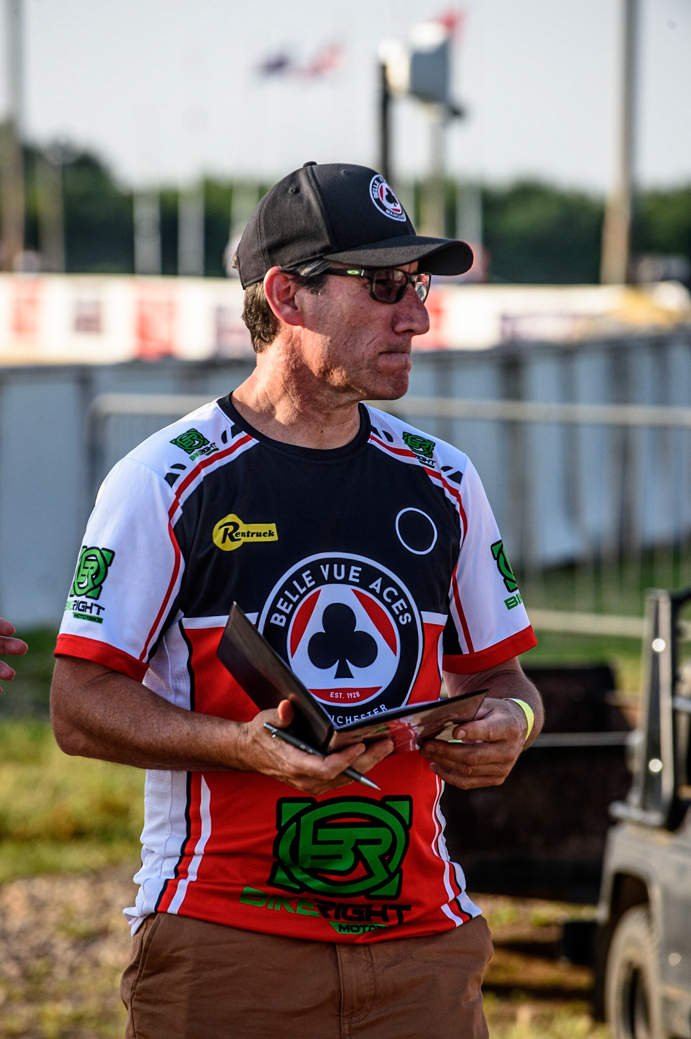 PETERBOROUGH, UK. JULY 19TH  Belle Vue BikeRight Aces  team manager Mark Lemon in thoughtful mood during the SGB Premiership match between Peterborough and Belle Vue Aces at East of England Showground, Peterborough on Monday 19th July 2021. (Credit: Ian Charles | MI News)