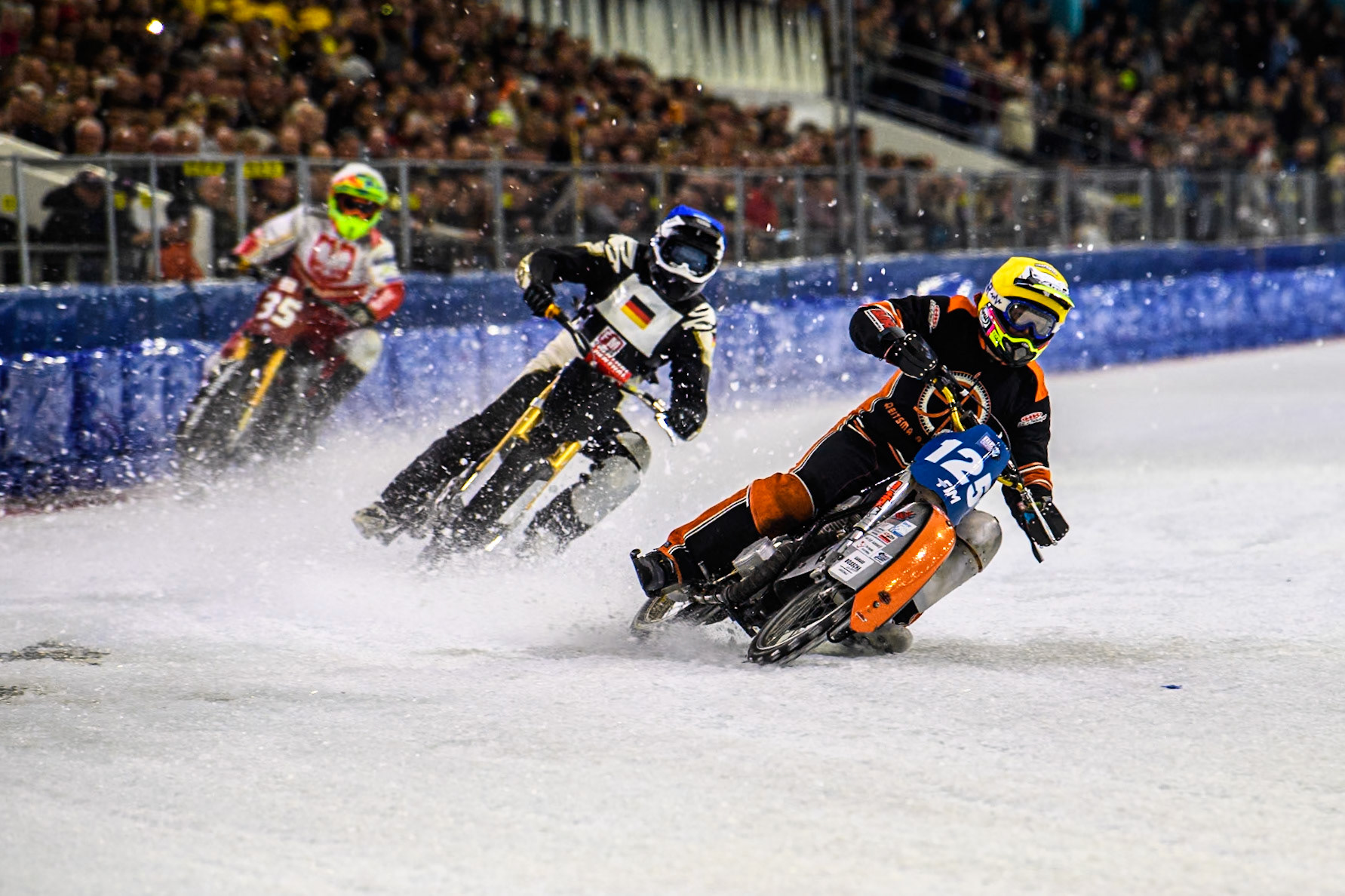 Sebastian Reitsma of The Netherlands in Yellow leading Franz Mayerbüchler of Germany in Blue and Michał Knapp of Poland in White during the Roelof Thijs Bokaal, Ice Rink Thialf, Heerenveen, Netherlands on Friday 4th April 2025. (Photo: Ian Charles | MI News)