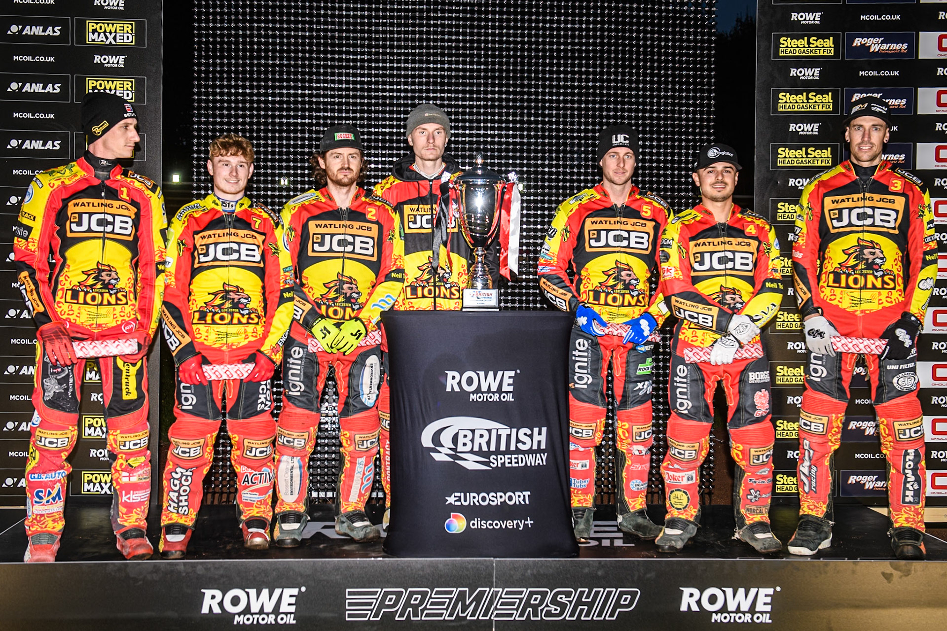 Leicester Watling JCB Lions : (L to R) Leicester Lions' Max Fricke, Leicester Lions' Sam Hagon, Leicester Lions' Richard Lawson, Leicester Lions' Drew Kemp, Leicester Lions' Ryan Douglas, Leicester Lions' Luke Becker, Leicester Lions' Sam Masters pre meeting during the Rowe Motor Oil Premiership Grand Final 2nd Leg between Leicester Lions and Belle Vue Aces at the Pidcock Motorcycles Arena, Leicester on Thursday 26th September 2024. (Photo: Ian Charles | MI News)
