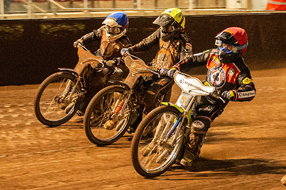 Photo by Ian Charles:

Belle Vue Aces'  Kenneth Bjerre  (Red) inside Sam Masters  (Yellow) and Jaimon Lidsey  (Blue)

Belle Vue Aces v Wolverhampton Wolves, SGB Premiership, National Speedway Stadium, Manchester, Monday, 19, August, 2019