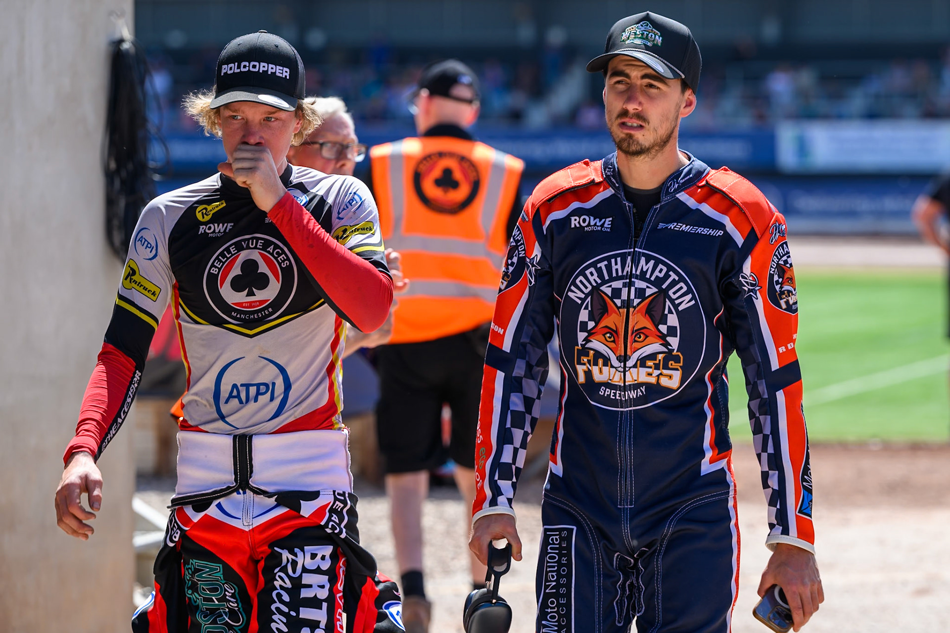 Tate Zischke of Belle Vue Aces (Left) and Kye Thomson, Guest Rider for Belle Vue Aces during the Rowe Motor Oil Premiership match between Belle Vue Aces and Sheffield Tigers at the National Speedway Stadium, Manchester on Monday 25th May 2026. (Photo: Ian Charles | MI News)