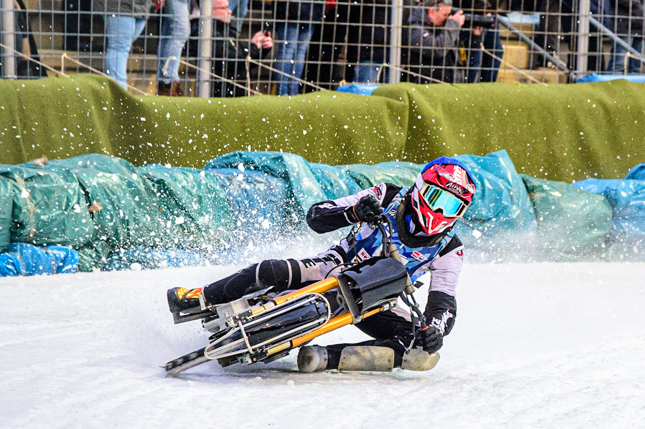 Atte Suolami in action during the German Individual Ice Speedway Championship at Horst-Dohm-Eisstadion, Berlin on Friday 3rd March 2023. (Photo: Ian Charles | MI News)