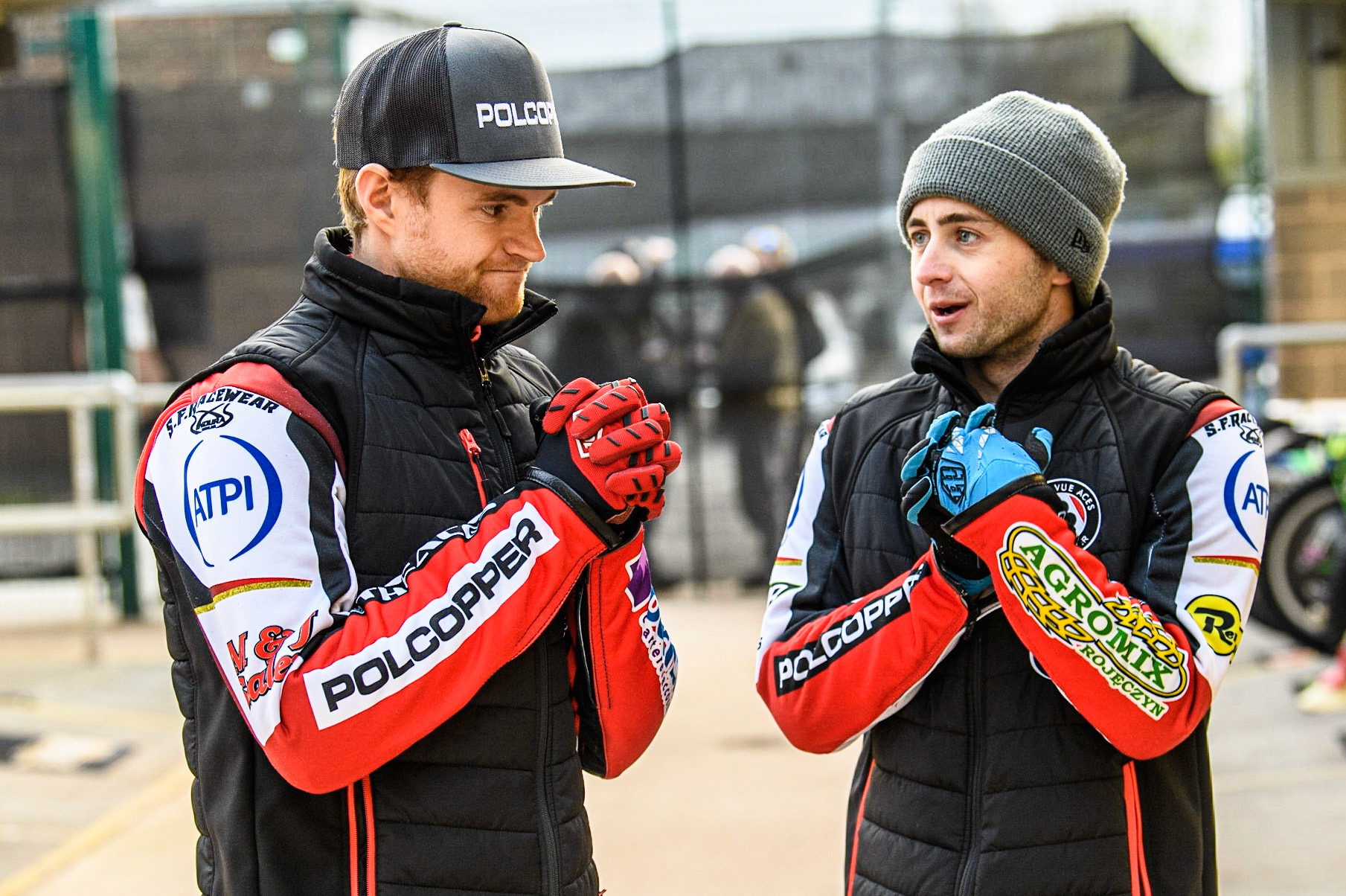 Brady Kurtz (left) with team mate Jaimon Lidsey  during the SGB Premiership match between Belle Vue Aces and Peterborough at the National Speedway Stadium, Manchester on Monday 24th April 2023. (Photo: Ian Charles | MI News)