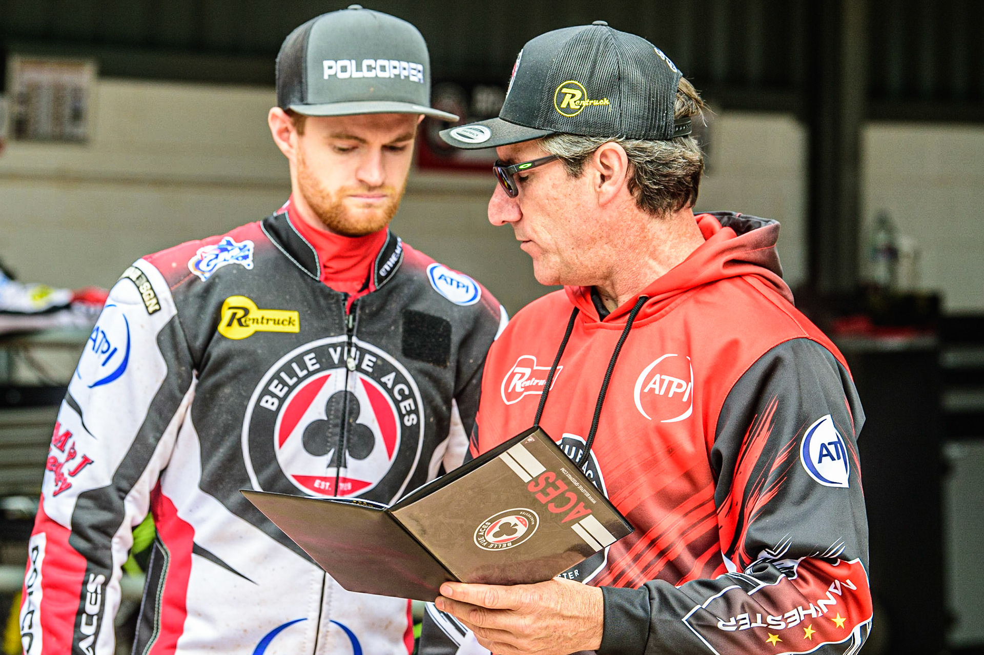 Mark Lemon (right) chats with Brady Kurtz  during the SGB Premiership match between Belle Vue Aces and Wolverhampton Wolves at the National Speedway Stadium, Manchester on Monday 29th August 2022. (Credit: Ian Charles | MI News)
