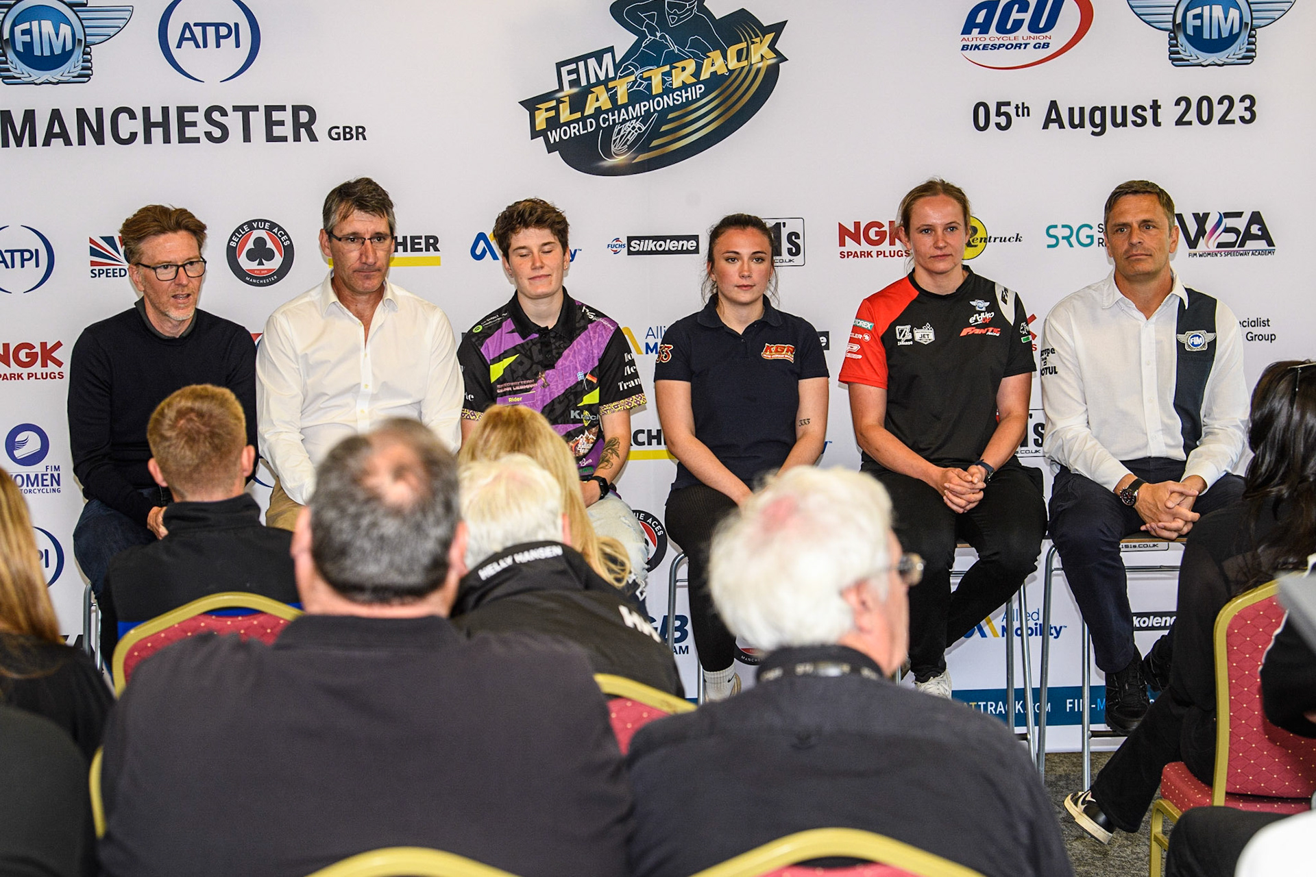 The Women’s Speedway Academy (WSA) Panel: (l - r) Former World Speedway Champion Jason Crump, Belle Vue CEO Mark Lemon, Celina Liebmann, Katie Gordon, World Enduro Champion Jane Daniels, and British Speedway CEO Phil Morris during the FIM Flat Track World Championship &amp; FIM Women's Speedway Academy Launch at the National Speedway Stadium, Manchester on Monday 3rd July 2023. (Photo: Ian Charles | MI News)