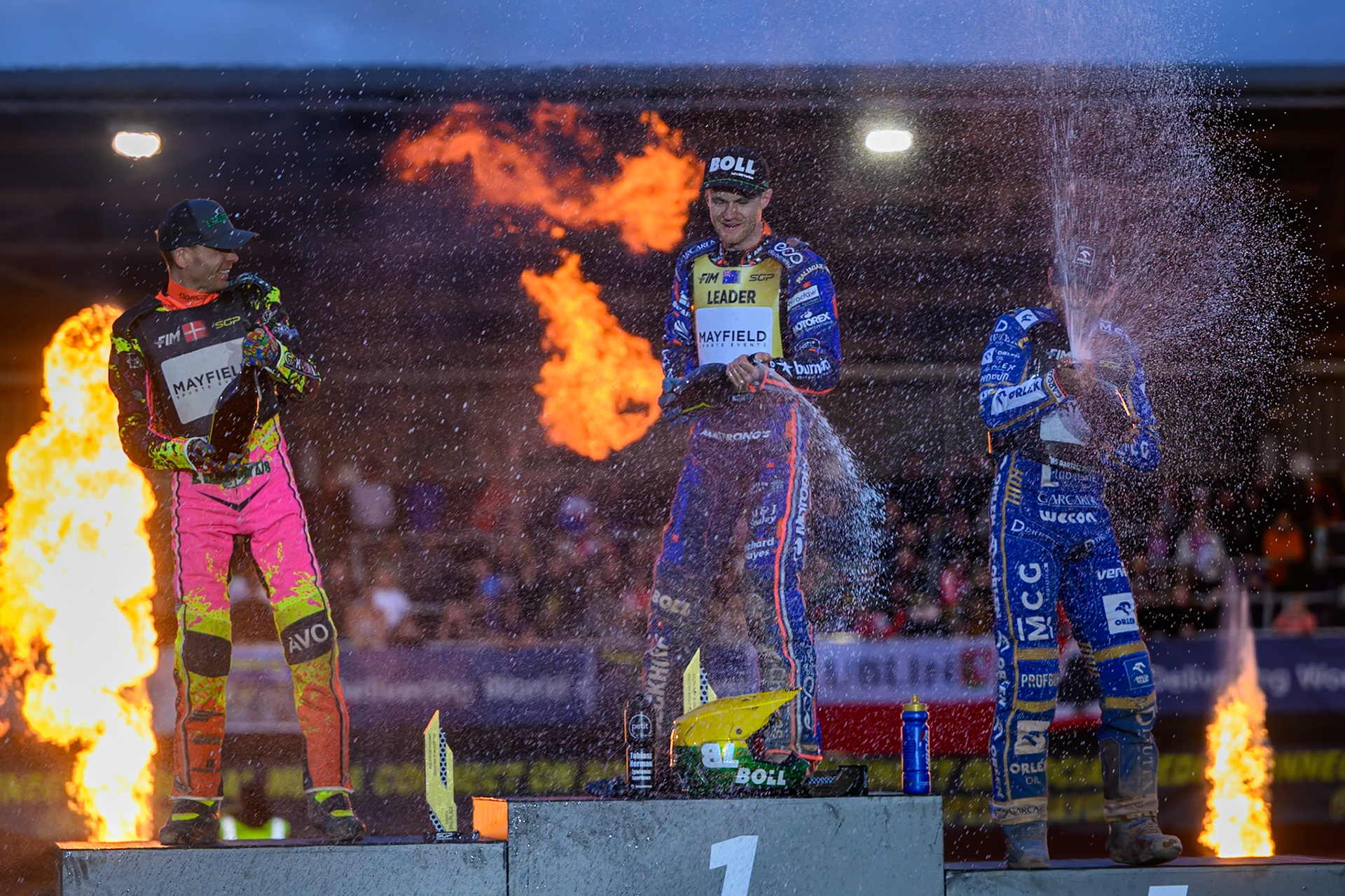 Champagne capers during the ATPI  FIM Speedway GP of Manchester at the National Speedway Stadium, Manchester on Saturday 6th June 2026. (Photo: Ian Charles | MI News)