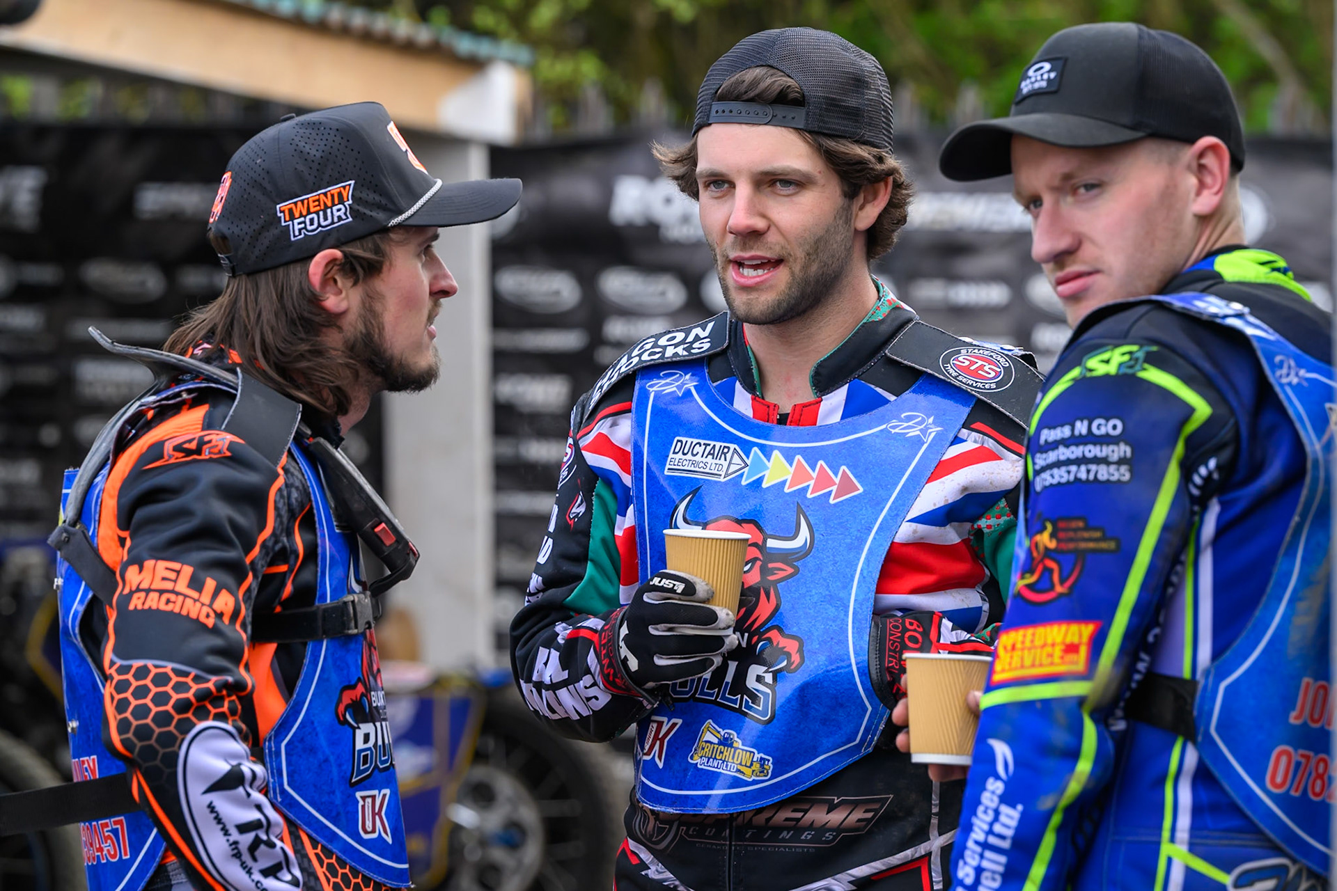 (L to R) Jack Smith, Alfie Bowtell and Arran Butcher of Buxton Bulls during the  Challenge match between Buxton Bulls and NDL Nomads at Hi-Edge Speedway, Buxton on Sunday 19th April 2026. (Photo: Ian Charles | MI News)