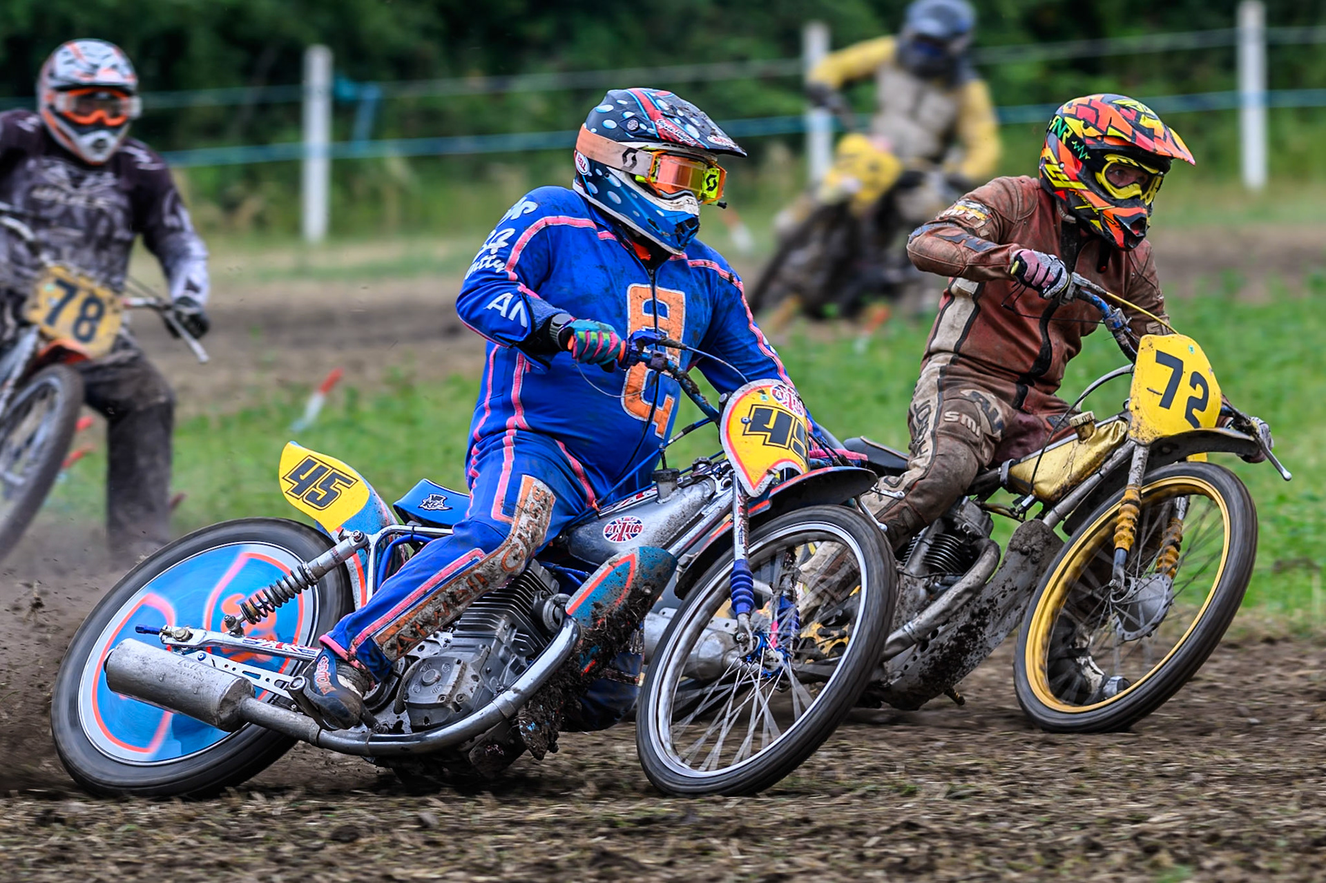 Shaun Bickley (45) rides outside Glyn Drake (72) in the Upright Engine Class during the ACU Northern Grass Track Riders Championship at Cheshire Grass Track Club, Frog Lane, Knutsford, Cheshire on Sunday 20th July 2025. (Photo: Ian Charles | MI News)