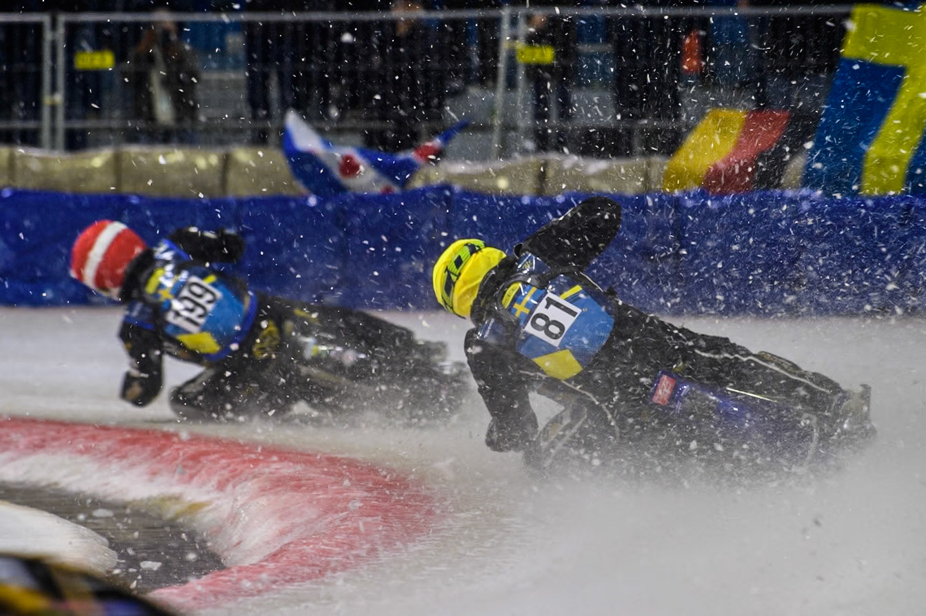 Sweden"s Jimmy Olsén (81) in Yellow chases Sweden's Martin Haarahiltunen (199)  in Red during the FIM Ice Speedway Gladiators World Championship Final 4 at Ice Rink Thialf, Heerenveen on Sunday 7th April 2024. (Photo: Ian Charles | MI News)