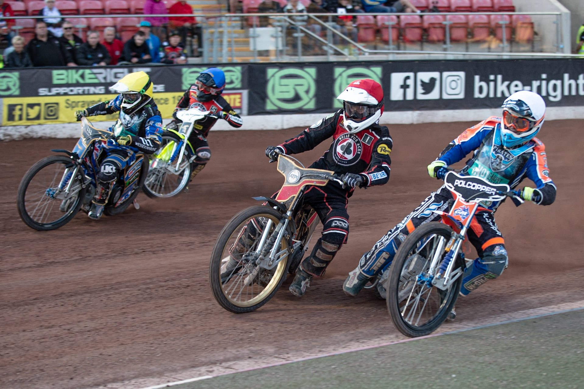 Photo by Ian Charles

Max Fricke  (Red) and Brady Kurtz (White) inside Jack Holder  (Yellow) and Kenneth Bjerre  (Blue)

Belle Vue Aces v Poole Pirates, British Speedway Premiership, Belle Vue National Speedway Stadium, Manchester, Monday 1  July  2019