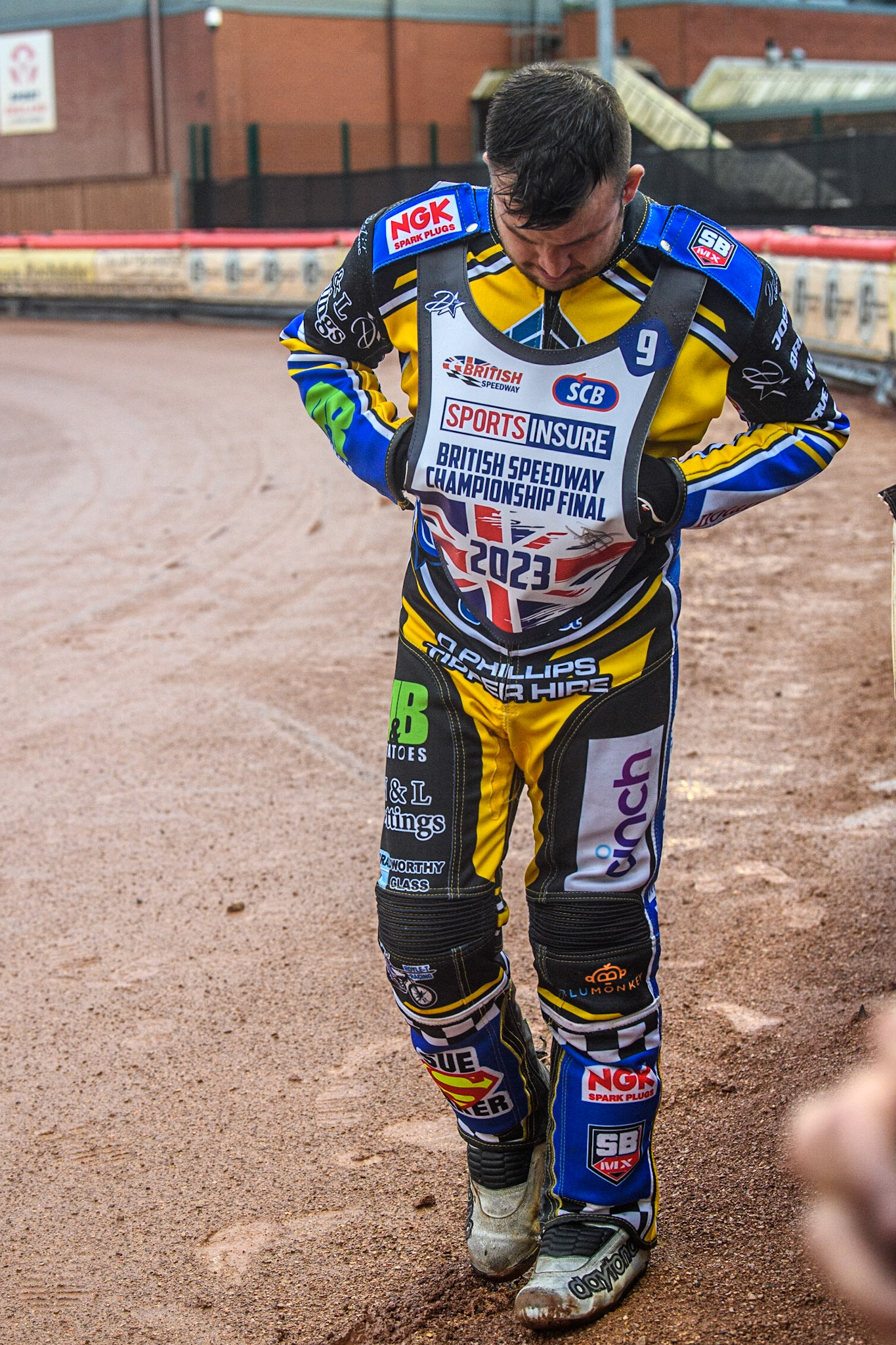 Ben Barker checks the track during the Sports Insure British Speedway Final at the National Speedway Stadium, Manchester on Monday 14th August 2023. (Photo: Ian Charles | MI News)