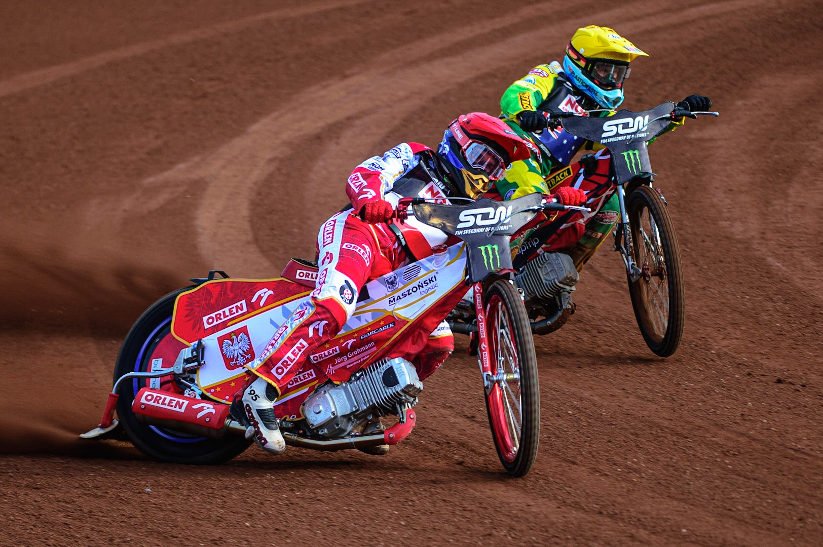 MANCHESTER, UK. OCT 16TH Bartosz Zmarzlik of Poland (Red) outside Max Fricke of Australia (Yellow) during the Monster Energy FIM Speedway of Nations at the National Speedway Stadium, Manchester on Saturday  16th October 2021. (Credit: Ian Charles | MI News)