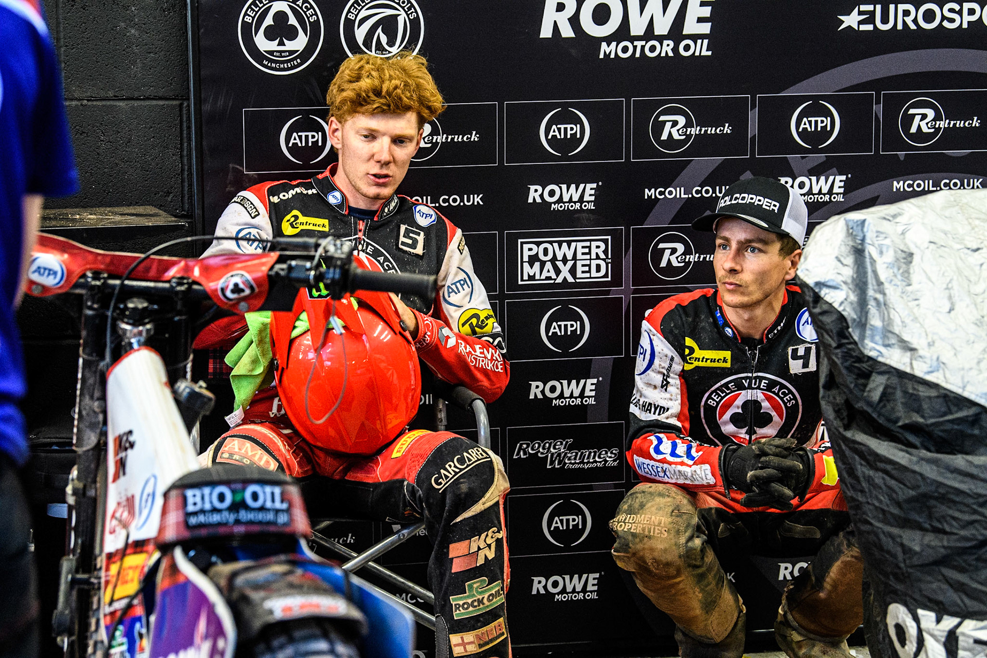 Belle Vue Aces' Dan Bewley (Left) chats with Belle Vue Aces' Ben Cook during the Rowe Motor Oil Premiership match between Belle Vue Aces and Leicester Lions at the National Speedway Stadium, Manchester on Monday 24th June 2024. (Photo: Ian Charles | MI News)