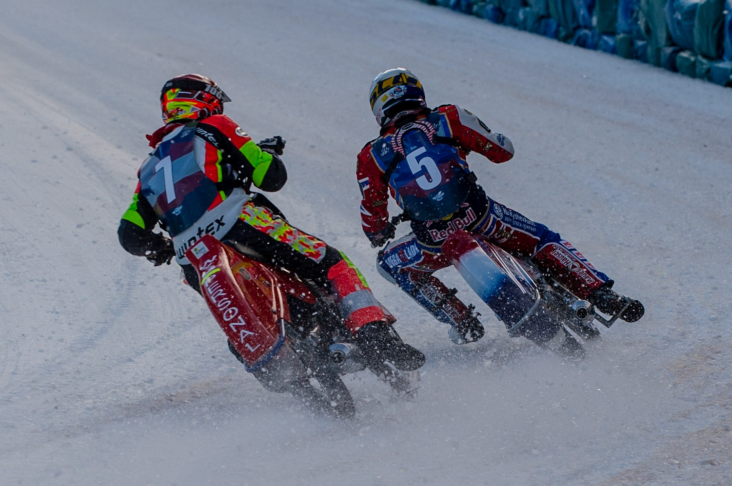 BERLIN GERMANY  - March 1   Harald Simon (Red) tries to pass Daniil Ivanov (White) during the Ice Speedway of Nations at the Horst-Dohm-Eisstadion, Berlin,  on Sunday 1 March 2020. (Credit: Ian Charles | MI News)