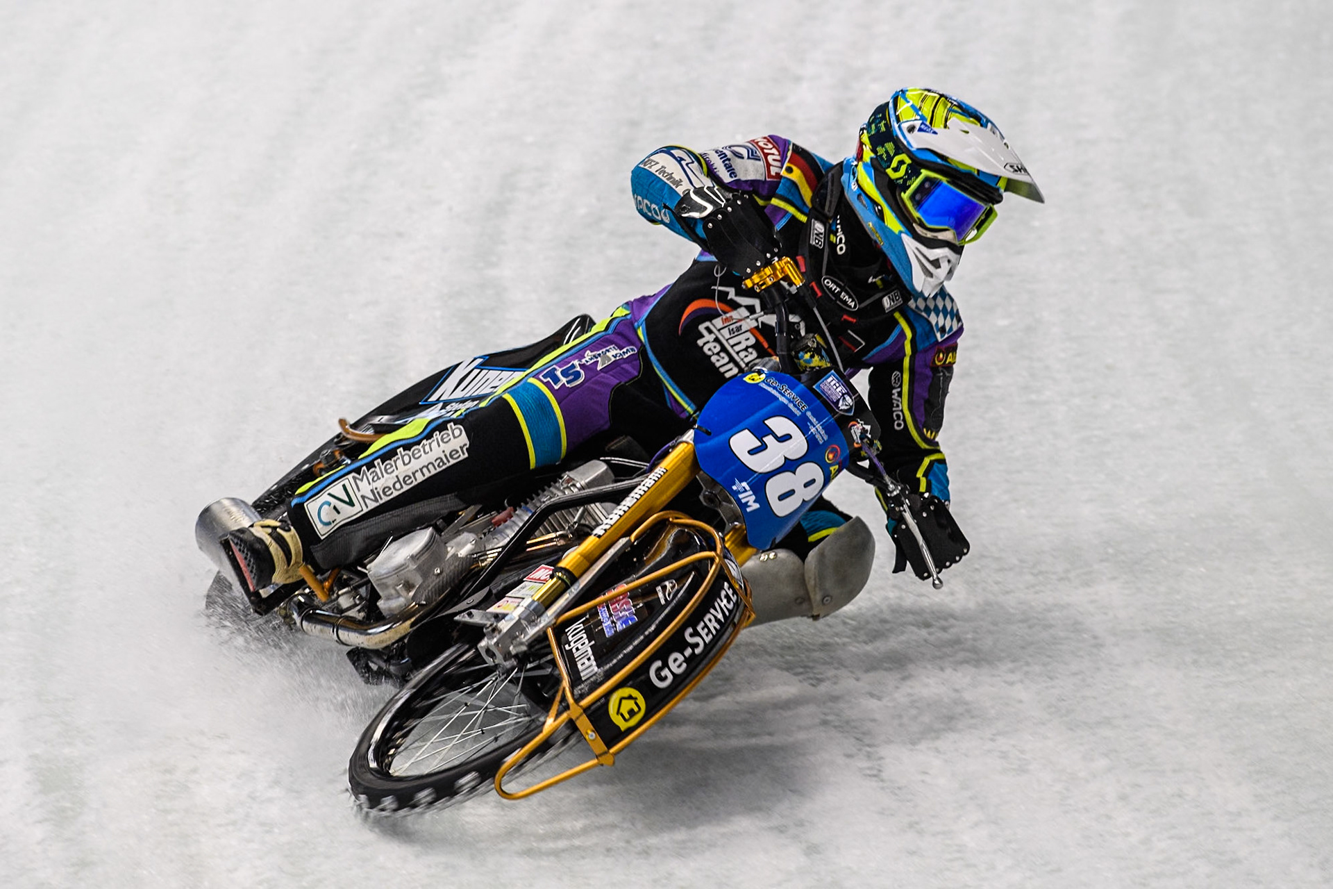 Maximilian Niedermaier (38) of Germany in action during practice for  the Ice Speedway Gladiators World Championship Finals 1 &amp; 2 at Max-Aicher-Arena, Inzell on Friday 14th March 2025. (Photo: Ian Charles | MI News)