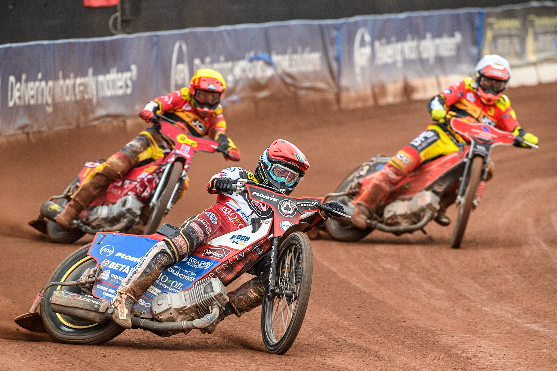 Dan Bewley (Red) leads  Richie Worrall (White) and Max Fricke (Yellow) during the Sports Insure Premiership match between Belle Vue Aces and Leicester Lions at the National Speedway Stadium, Manchester on Monday 28th August 2023. (Photo: Ian Charles | MI News)