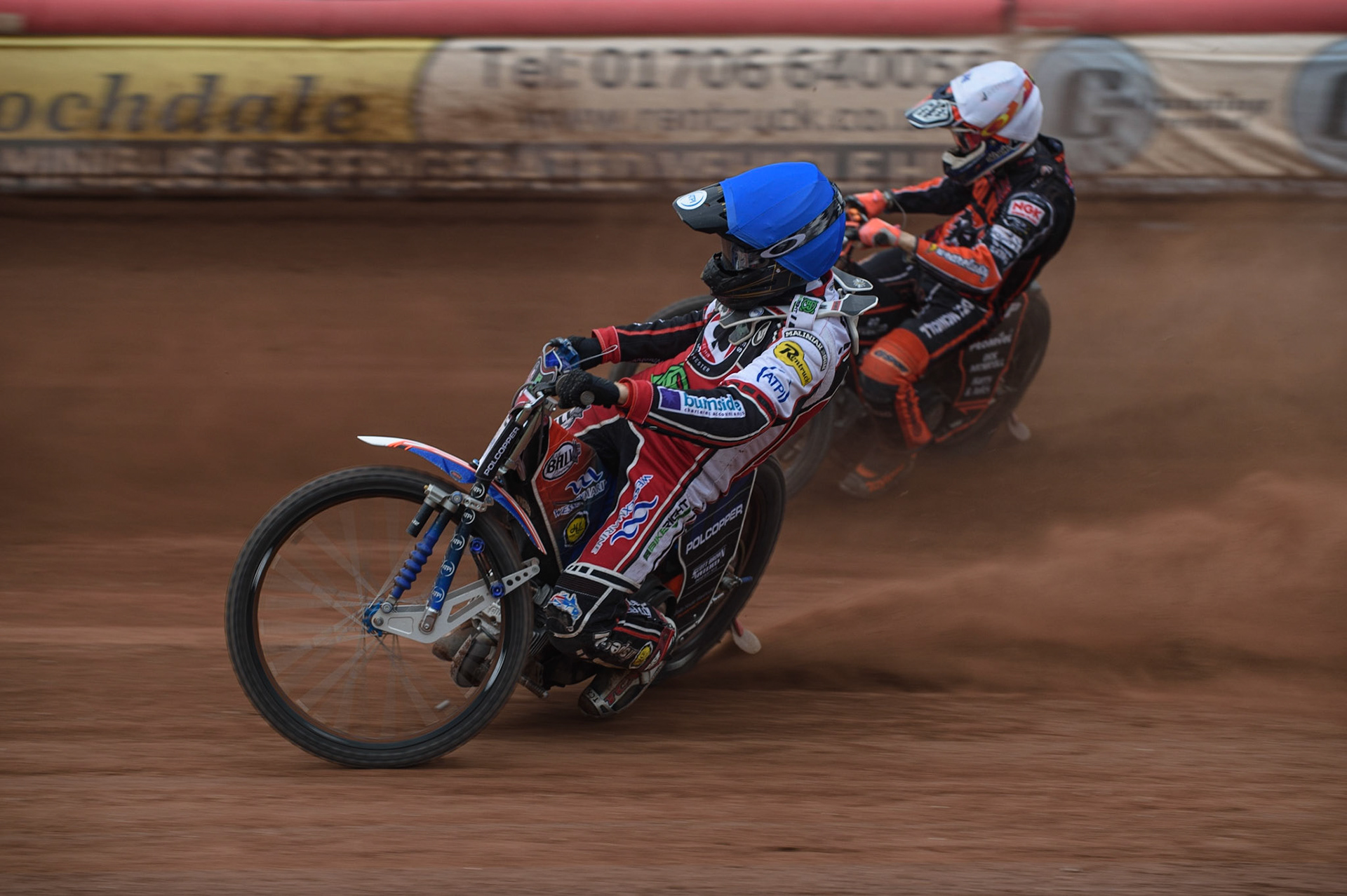 MANCHESTER, UK. AUGUST 30TH Brady Kurtz  (Blue) inside Sam Masters  (White) during the SGB Premiership match between Belle Vue Aces and Wolverhampton Wolves at the National Speedway Stadium, Manchester on Monday 30th August 2021. (Credit: Ian Charles | MI News)