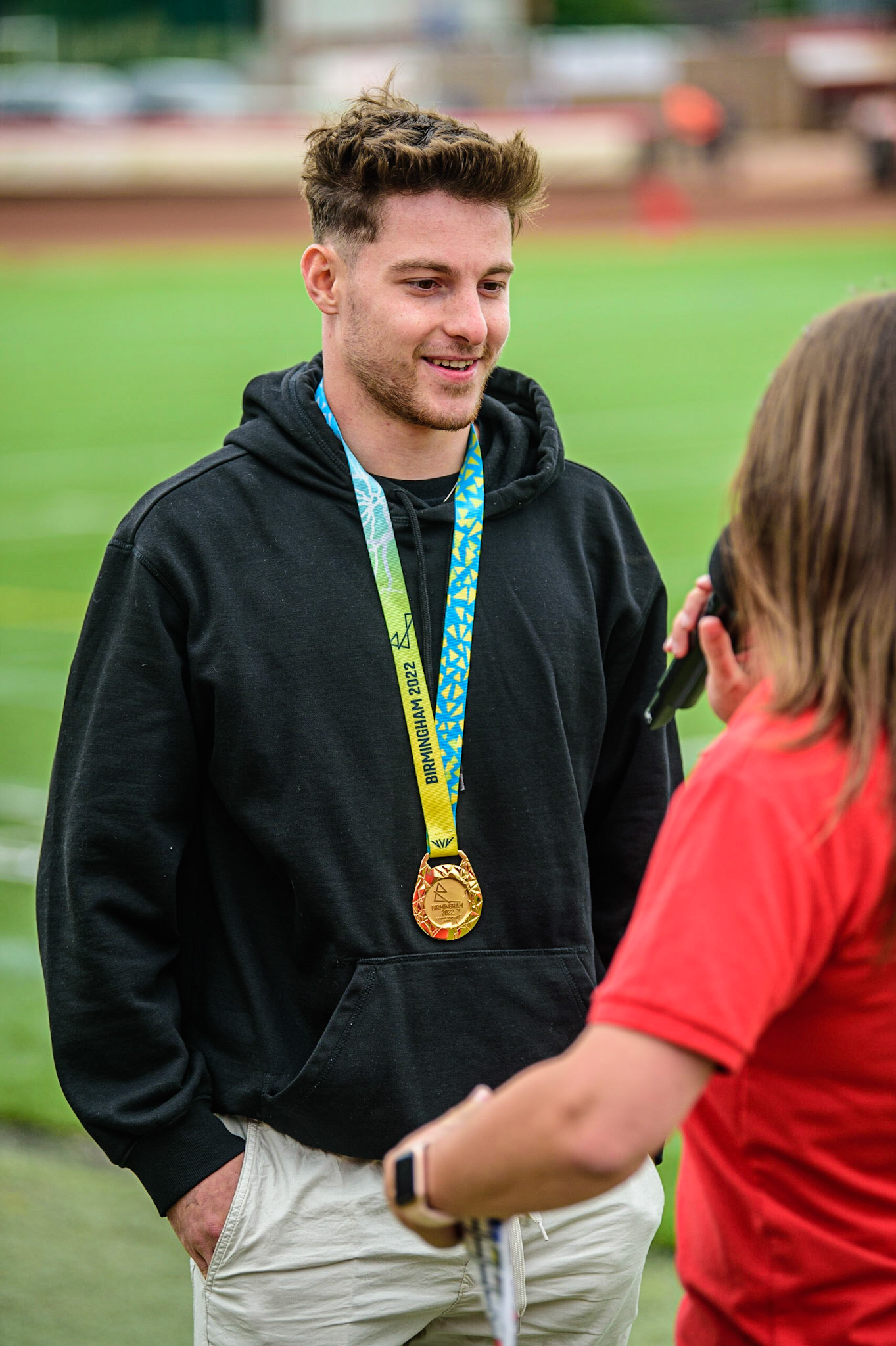 Anthony Harding is interviewed during the SGB Premiership match between Belle Vue Aces and Wolverhampton Wolves at the National Speedway Stadium, Manchester on Monday 29th August 2022. (Credit: Ian Charles | MI News)