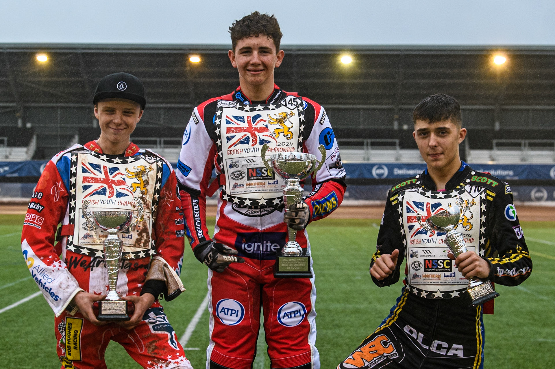 500cc Final Top 3: (L to R) Stene Pijper (2nd), William Cairns (Winner) William Hocaniuk  (3rd) during the WSRA National Development League match between Belle Vue Colts and Oxford Chargers at the National Speedway Stadium, Manchester on Friday 2nd August 2024. (Photo: Ian Charles | MI News)