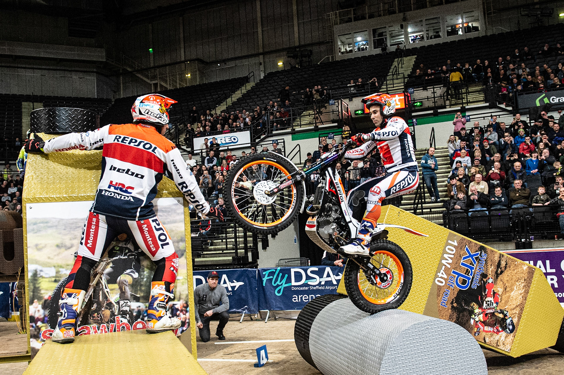 SHEFFIELD, ENGLAND  - DECEMBER 28TH  Tony Bou, Spain (Montessa) strubggles to bridge the gap on section 3  during the 25th Anniversary Sheffield Indoor Trial at the FlyDSA Arena, Sheffield on Saturday 28th December 2019. (Credit: Ian Charles | MI News)