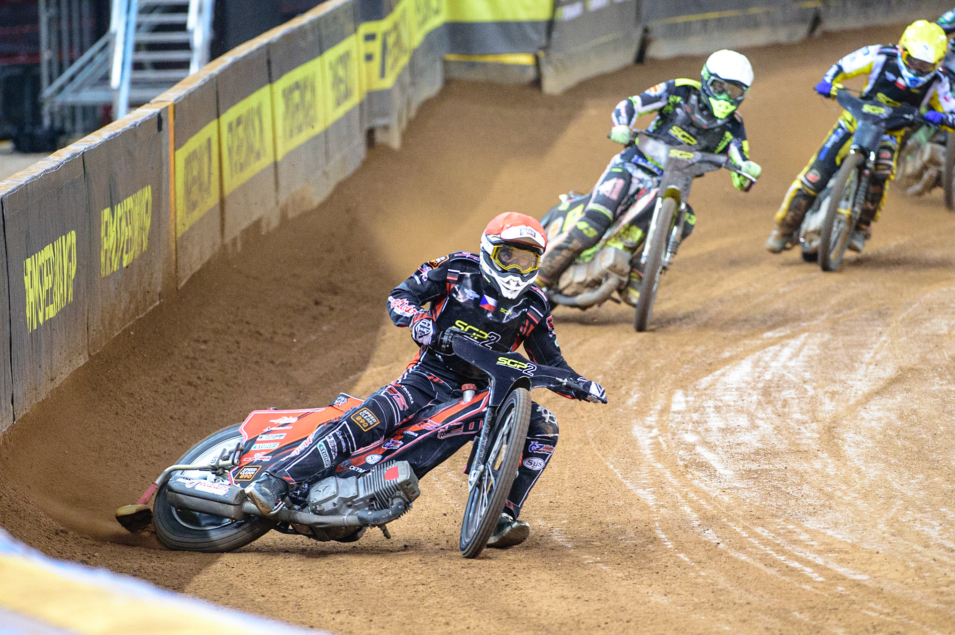 Jan Kvech (Czech Republic)  (Red) leads Casper Henriksson (Sweden)  (White) and Wiktor Lampart (Poland) (Yellow)during the FIM  Speedway Grand Prix  2 of Great Britain at the Principality Stadium, Cardiff on Sunday 14th August 2022. (Credit: Ian Charles | MI News)