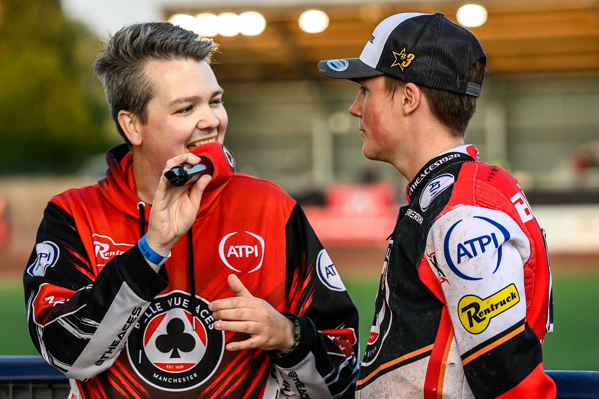 Belle Vue Pits reporter Lee Wild (Left) chats with Belle Vue Aces' Norick Blödorn during the Rowe Motor Oil Premiership match between Belle Vue Aces and Leicester Lions at the National Speedway Stadium, Manchester on Monday 14th July 2025. (Photo: Ian Charles | MI News)