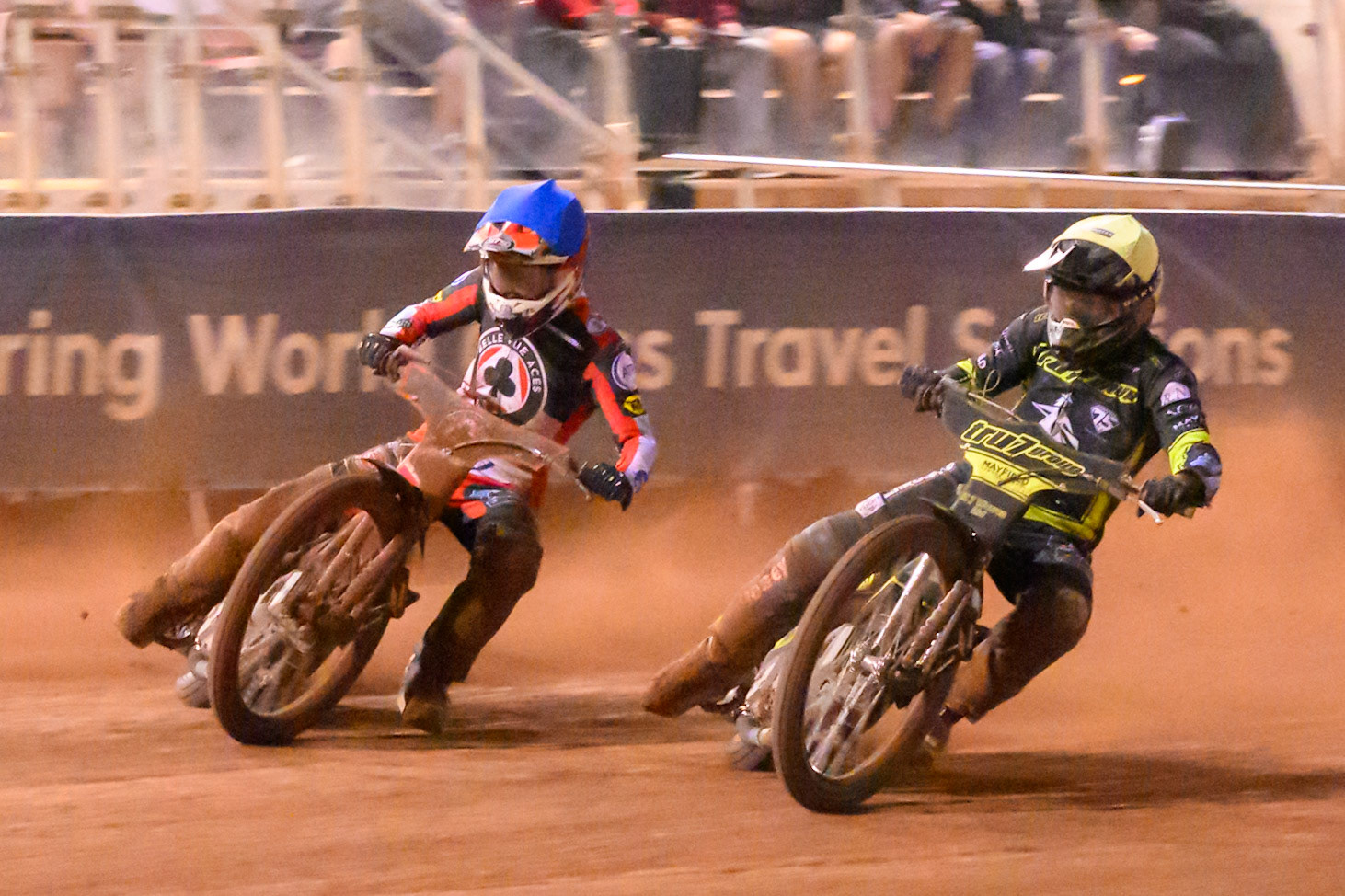 Danny King of Ipswich Witches in Yellow on the inside of Zach Cook of Belle Vue Aces in Blue  with Peter Kildemand of Belle Vue Aces in Red  behind during the Rowe Motor Oil Premiership Play Off Semi Final 2nd leg match between Belle Vue Aces and Ipswich Witches at the National Speedway Stadium, Manchester on Monday 28th September 2026. (Photo: Ian Charles | MI News)