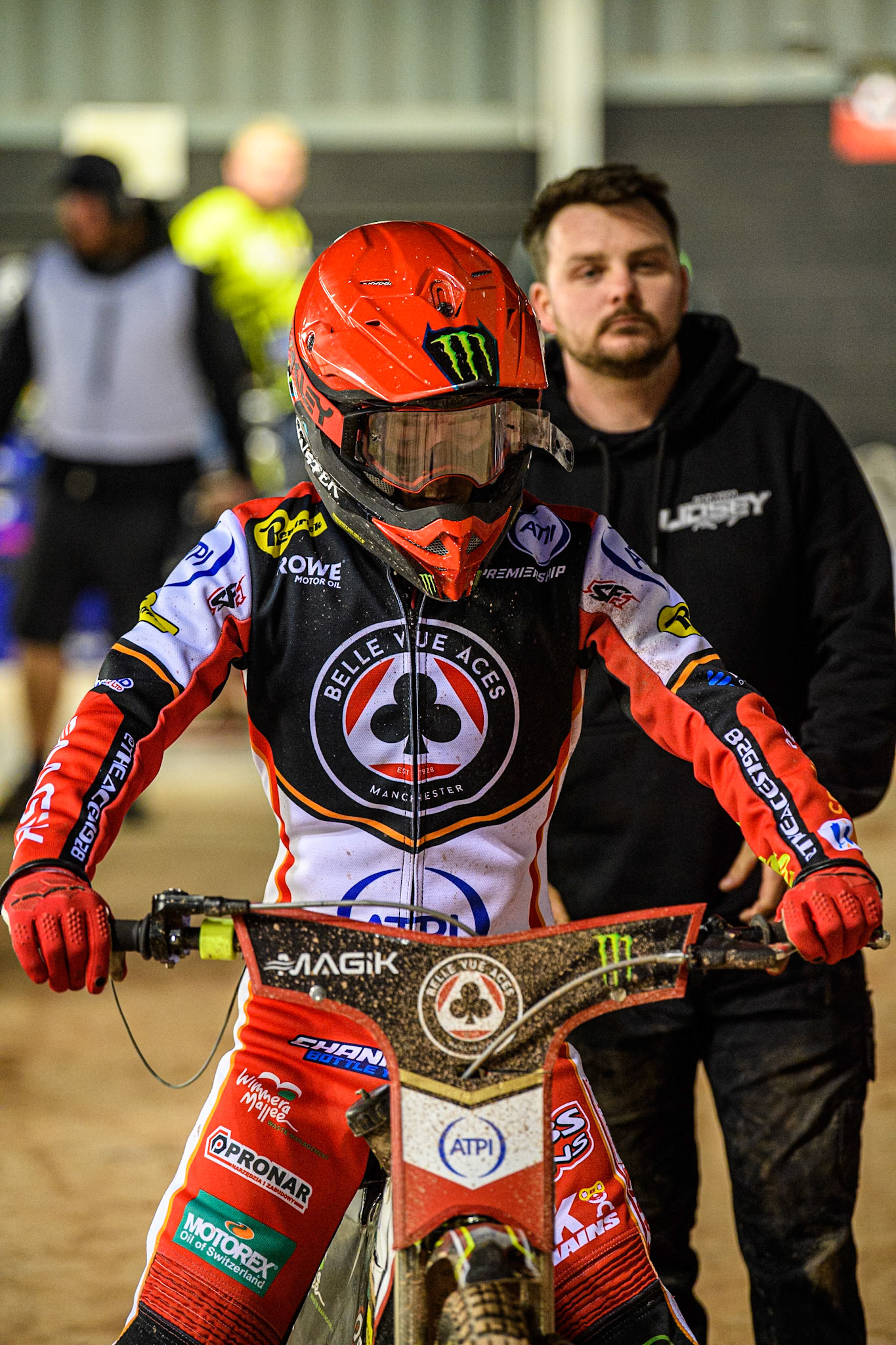 Jaimon Lidsey of Belle Vue Aces waits to go out for the next heat during the Rowe Motor Oil Premiership match between Belle Vue Aces and King's Lynn Stars at the National Speedway Stadium, Manchester on Monday 5th April 2025. (Photo: Ian Charles | MI News)