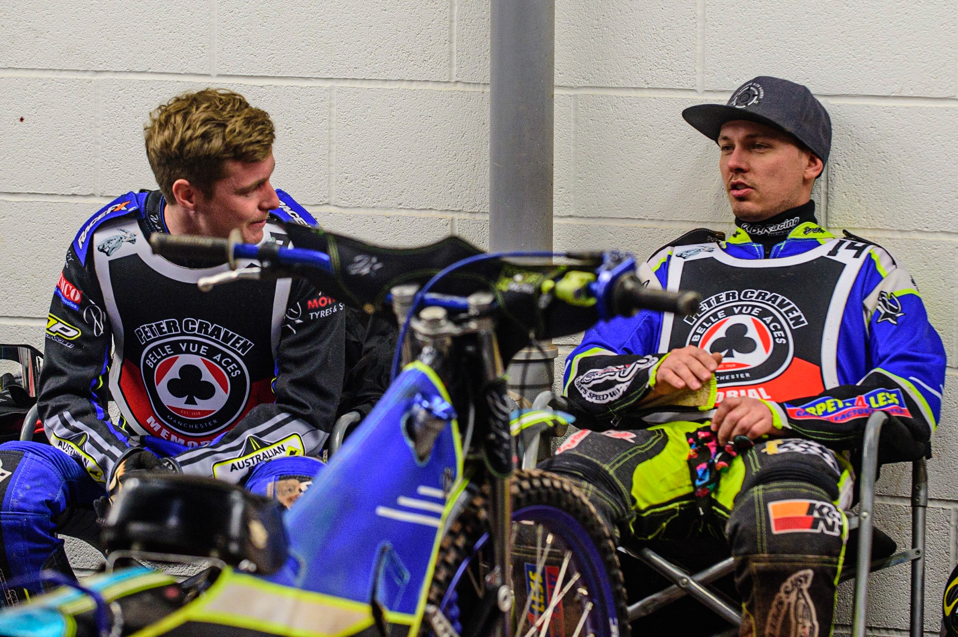 MANCHESTER, UK. OCT 23RD  Ryan Douglas  (left) and Nick Morris  in the pits during the interval during the Peter Craven Memorial Trophy event at the National Speedway Stadium, Manchester on Saturday 23rd October 2021. (Credit: Ian Charles | MI News)