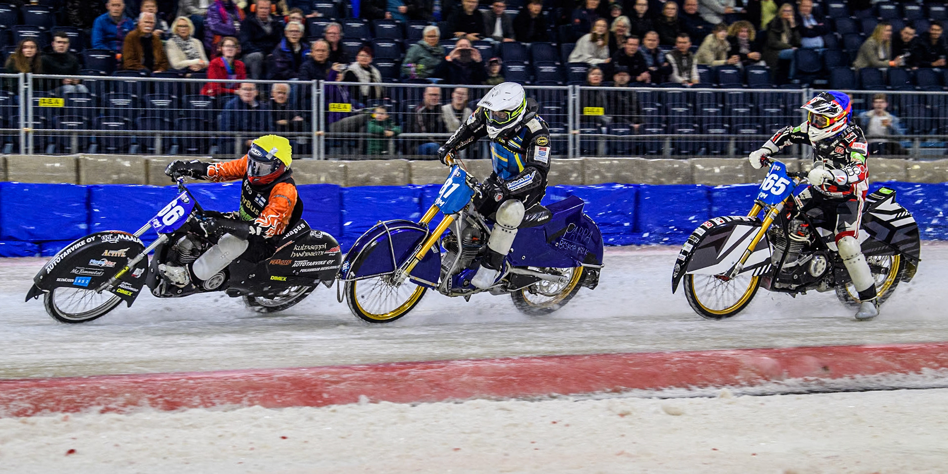 Finland's Aki Ala-Riihimäki (66) in Yellow leading Sweden"s Jimmy Olsén (81) in White and Austria's Charly Ebner (665) in Blue during the FIM Ice Speedway Gladiators World Championship Final 3 at Ice Rink Thialf, Heerenveen on Saturday 6th April 2024. (Photo: Ian Charles | MI News)