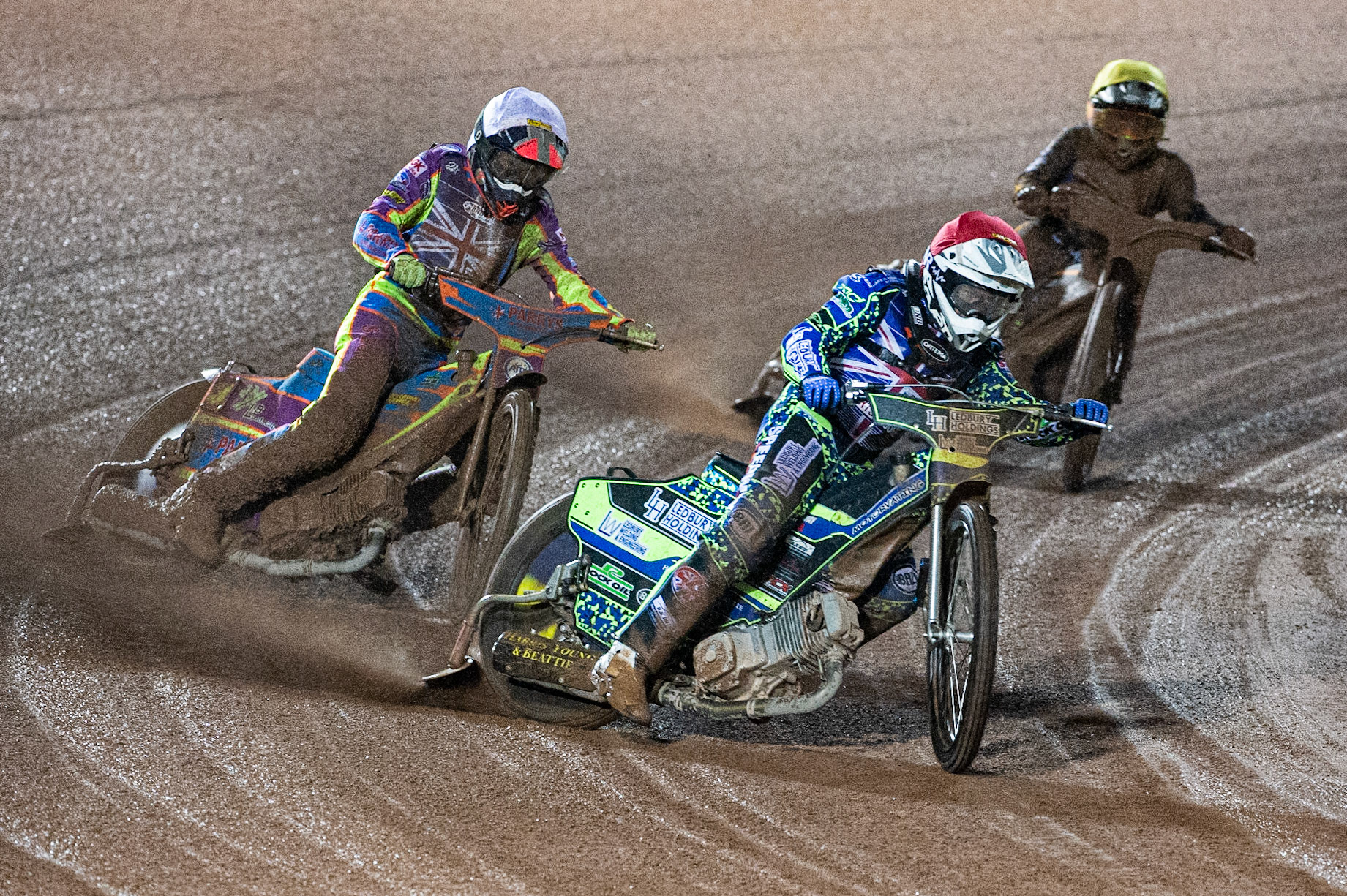 Photo: Ian CharlesPaul Starke   (Red)  leads   Rory Schlein  (White)  and Ben Barker   (Yellow) Sports Insure British Speedway Championship Final, National Speedway Stadium, Manchester Monday  28  September  2020